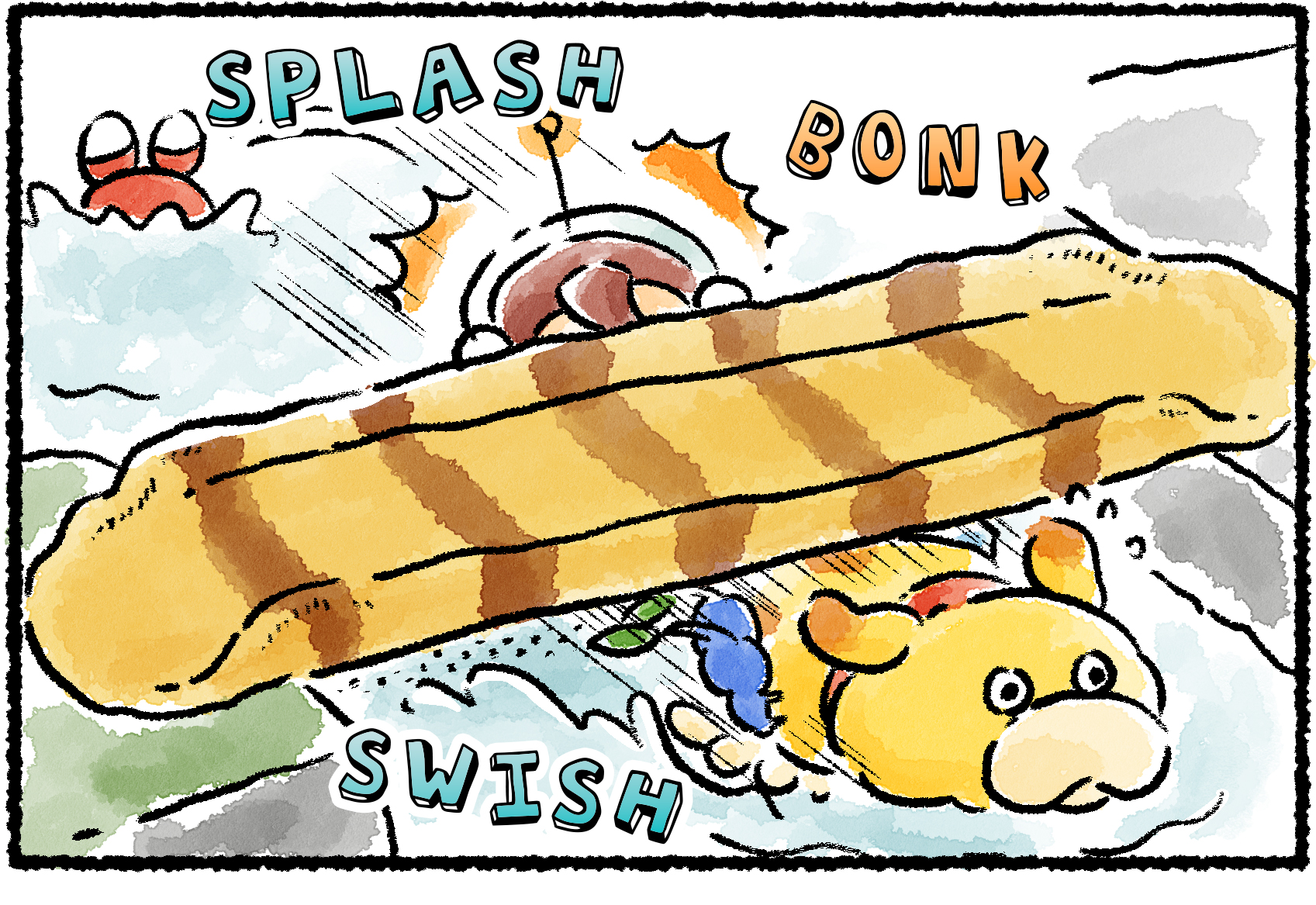 Panel one. Oatchi swims under a bridge while carrying Pikmin and a Rescue Officer on his back. The Rescue Officer bonks her head on the bridge and falls into the water.