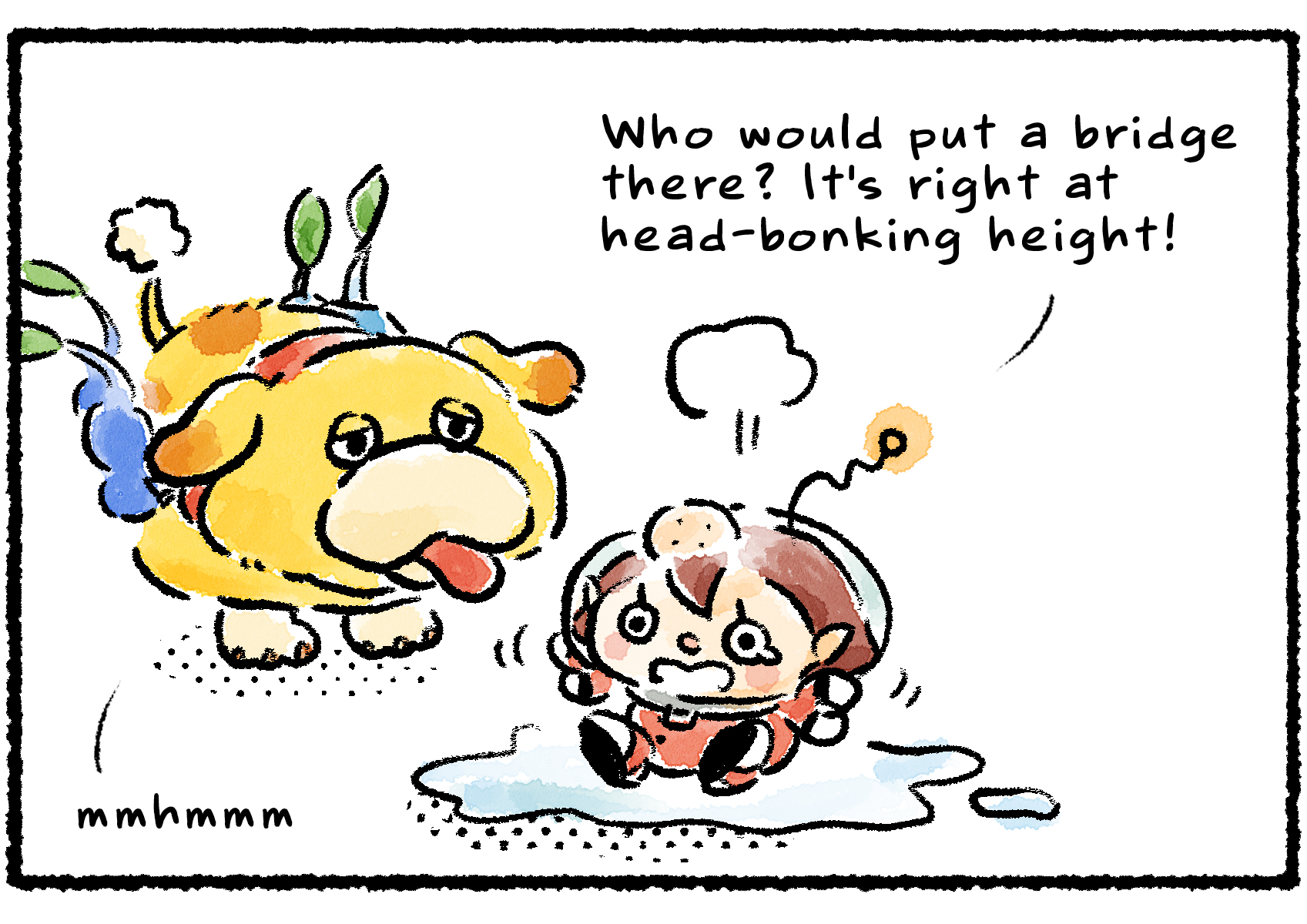 Panel two. The Rescue Officer, now drenched, flails her arms in anger. "Who put that bridge there? Right at head-bonking height!" Oatchi, tongue hanging out, looks regretful.