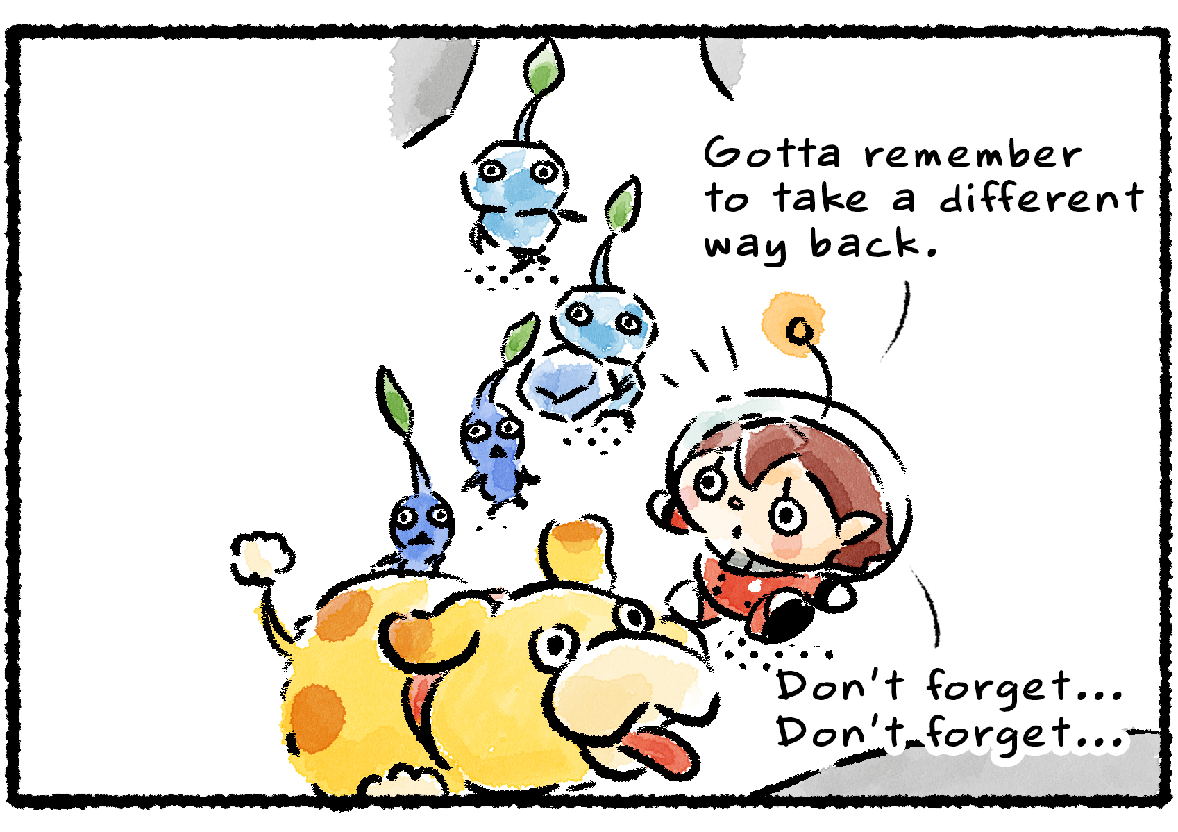 Panel three. The Rescue Officer and Pikmin mount back up on Oatchi. "We need to remember to go back a different way," the Rescue Officer says. "Don't forget... Don't forget..."