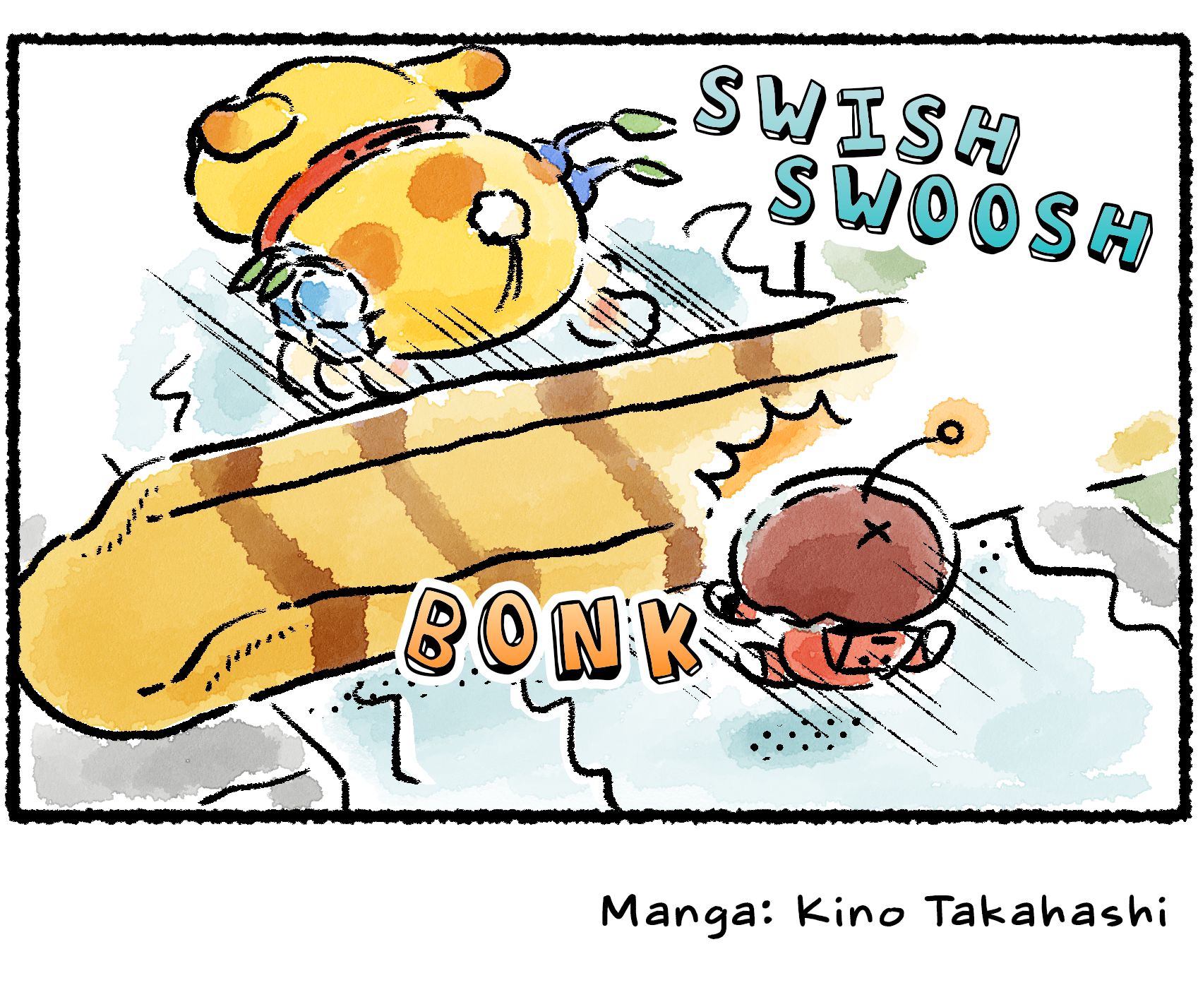 Panel four. They take the same route on the way back—and the Rescue Officer once again bonks her head on the bridge and falls into the water.