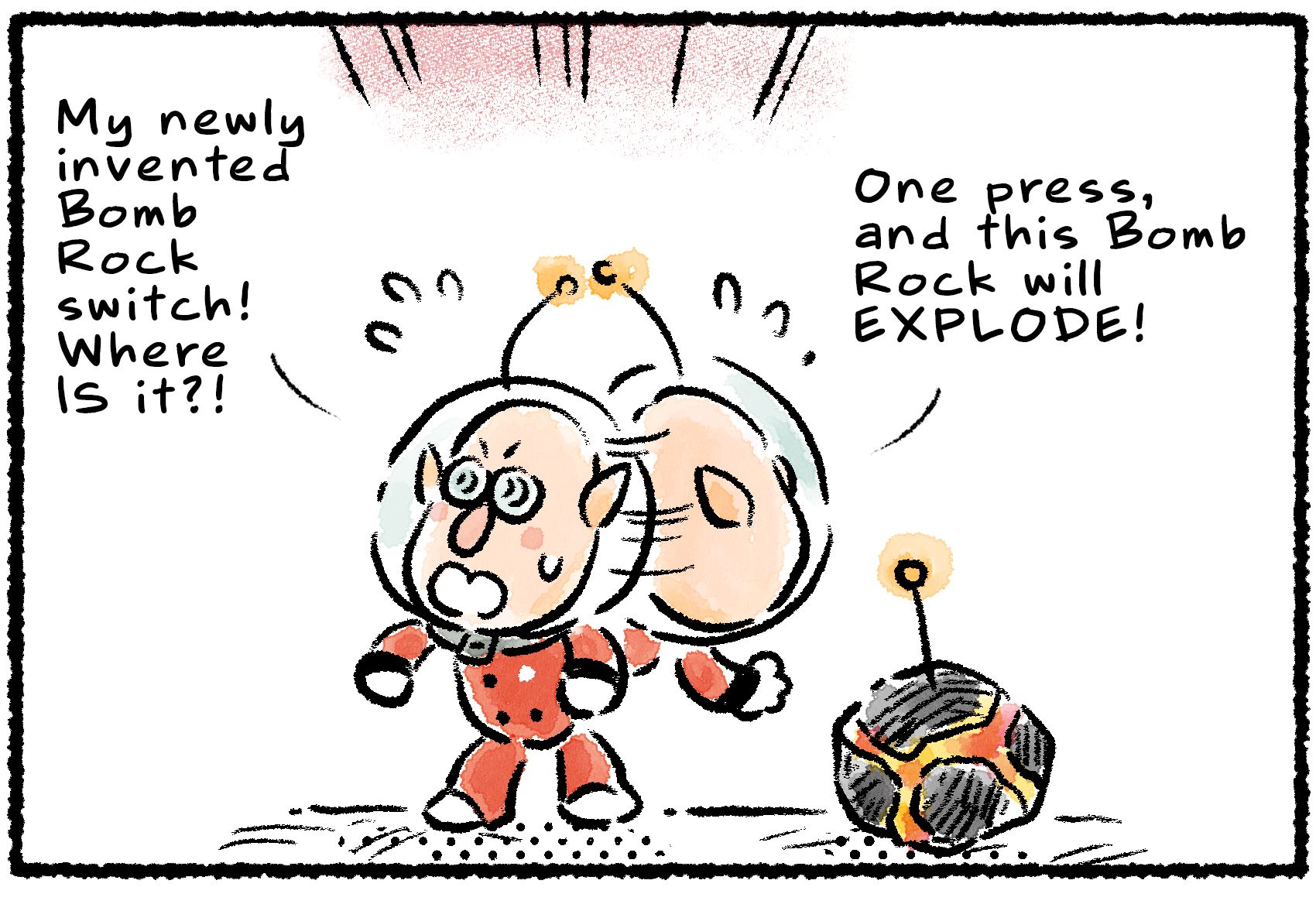 Panel one. Russell stands next to a Bomb Rock with an antenna sticking out of it, his head frantically looking left and right. "My newly invented Bomb Rock switch! Where IS it?!" he says. "One press, and this Bomb Rock will EXPLODE!"