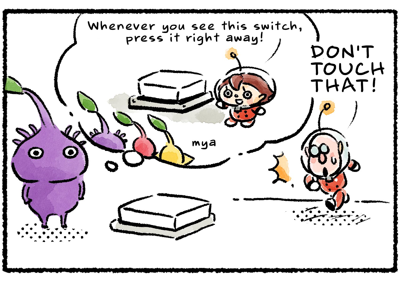 Panel two. A Purple Pikmin stands next to the Bomb Rock switch. Russell runs over and yells, "DON'T TOUCH THAT!" The Purple Pikmin remembers a Rescue Officer showing it the switch and saying, "Whenever you see this switch, press it right away!"