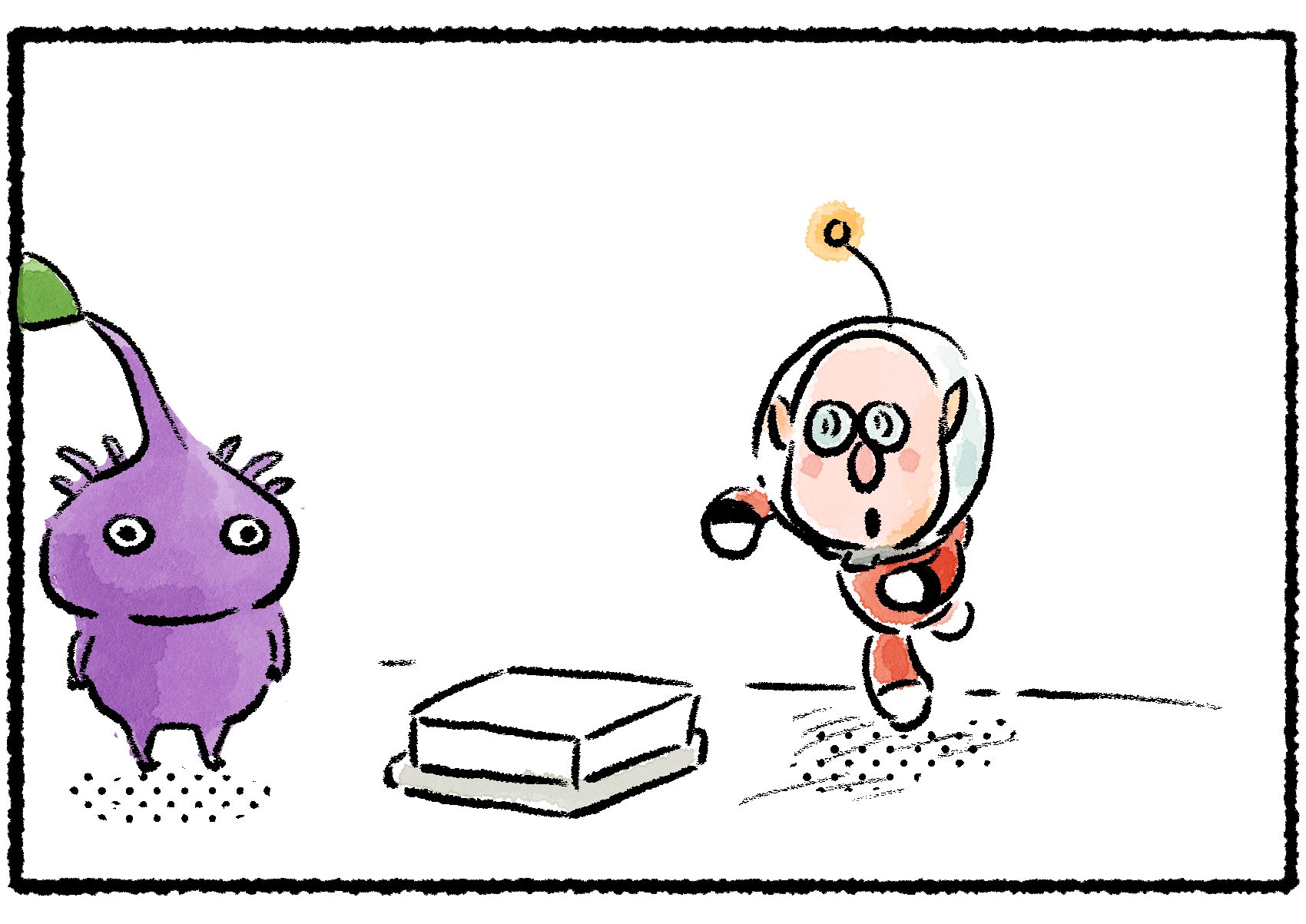 Panel three. The Purple Pikmin stares blankly as Russell runs toward the Bomb Rock switch.