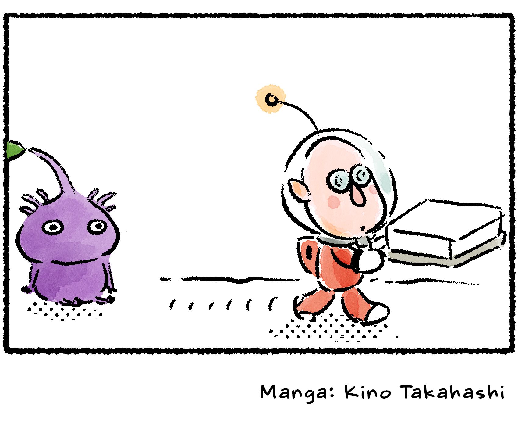 Panel four. Russell claims the Bomb Rock switch and walks off, looking relieved. The Purple Pikmin sits down lazily. Fortunately for Russell, it is not very good at following the Rescue Officer's instructions.