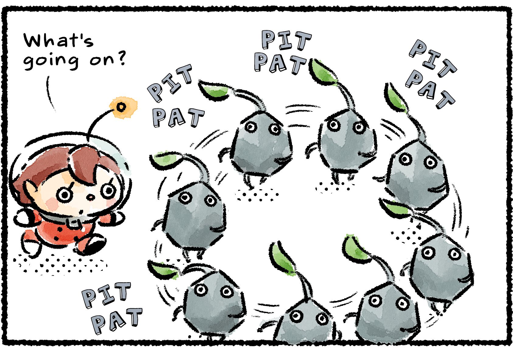 Panel one. A confused Rescue Officer comes upon a group of Rock Pikmin marching around in a circle. "What's going on?" she wonders.