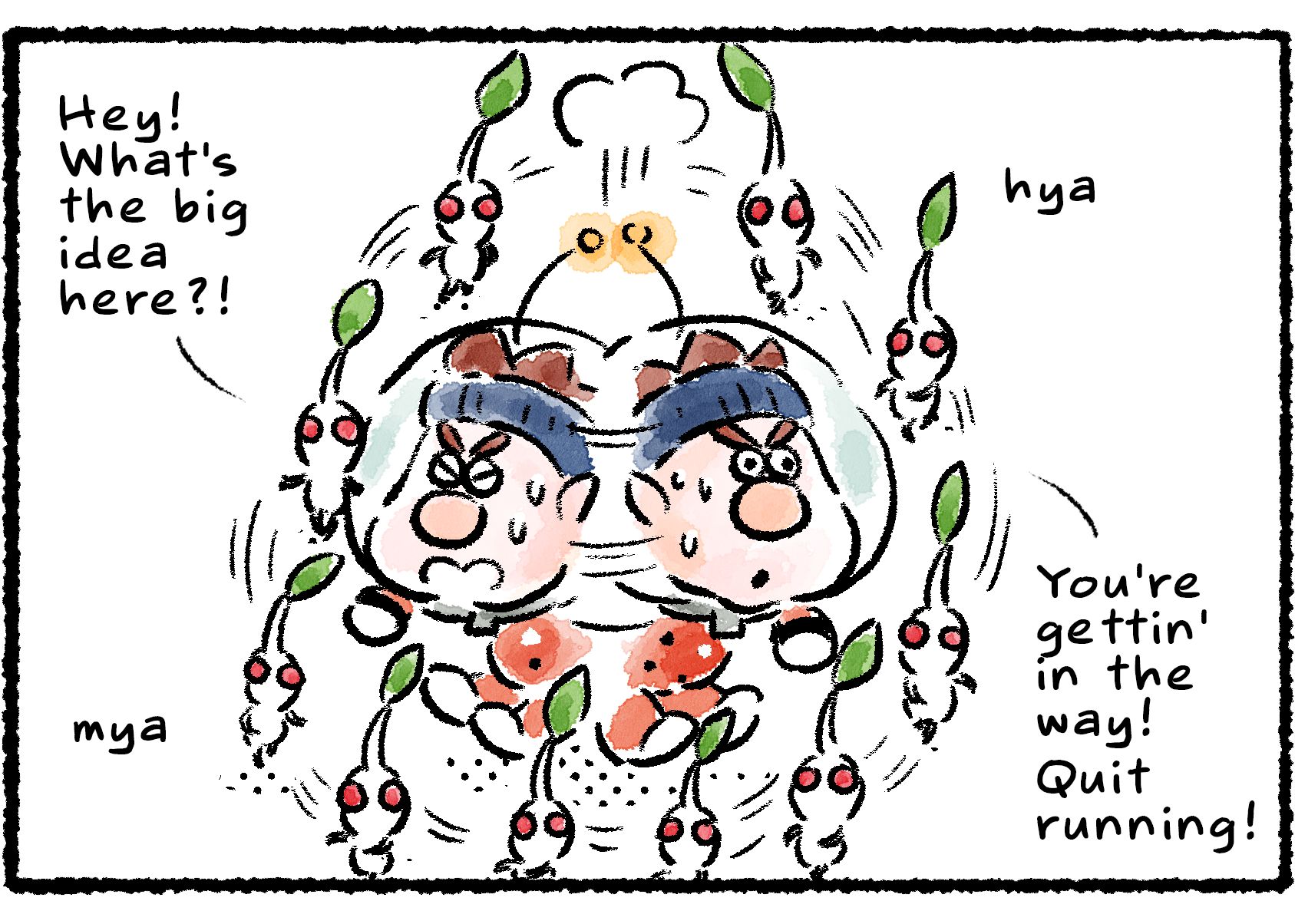 Panel three. A circle of White Pikmin marches around an irritated Dingo. "Hey! What's the big idea here?!" Dingo says. "You're gettin' in the way! Quit running!"