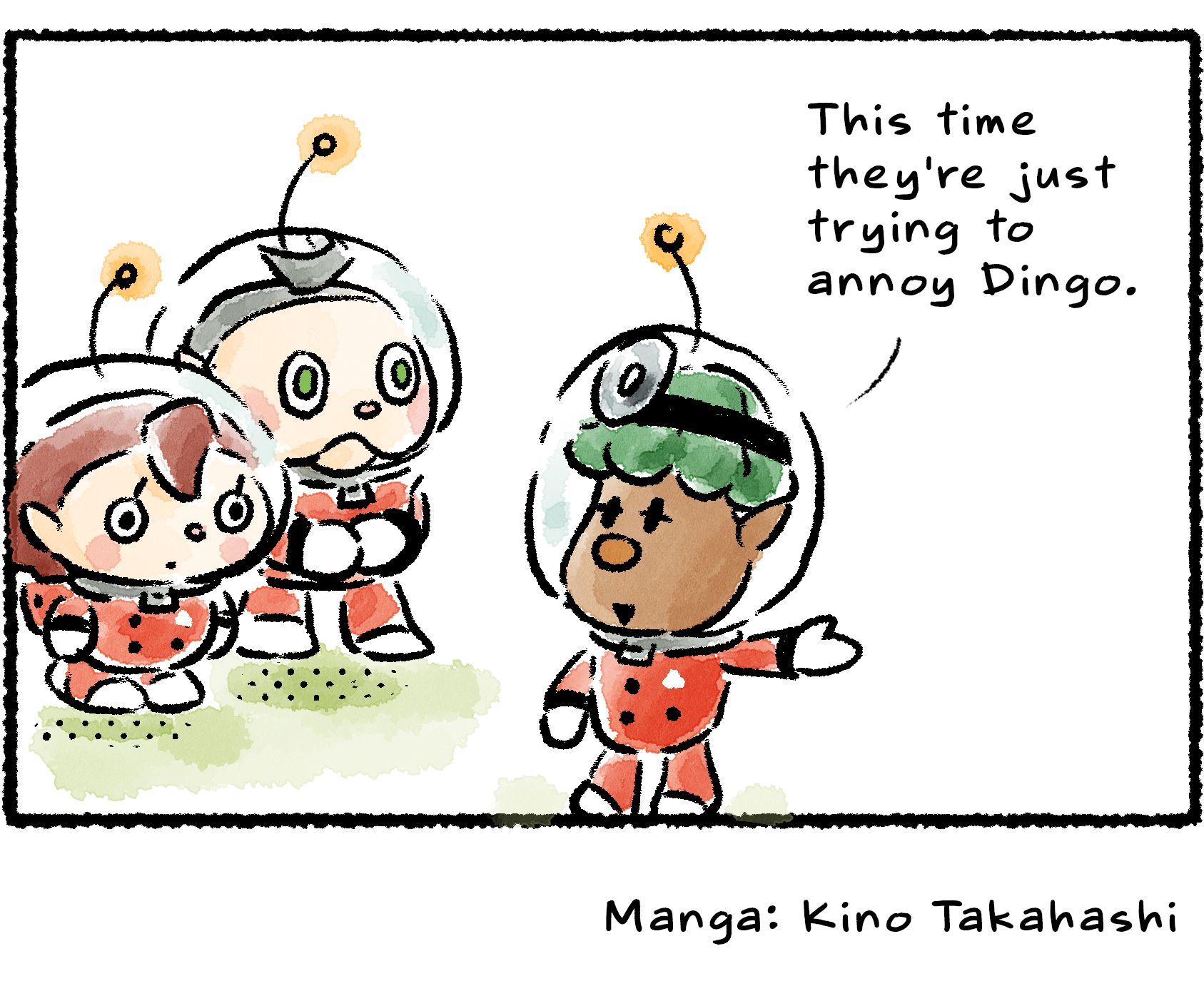 Panel four. The Rescue Officer and Collin look on, wondering why another group of Pikmin is running in circles. "This time they're just trying to annoy Dingo," Yonny explains.