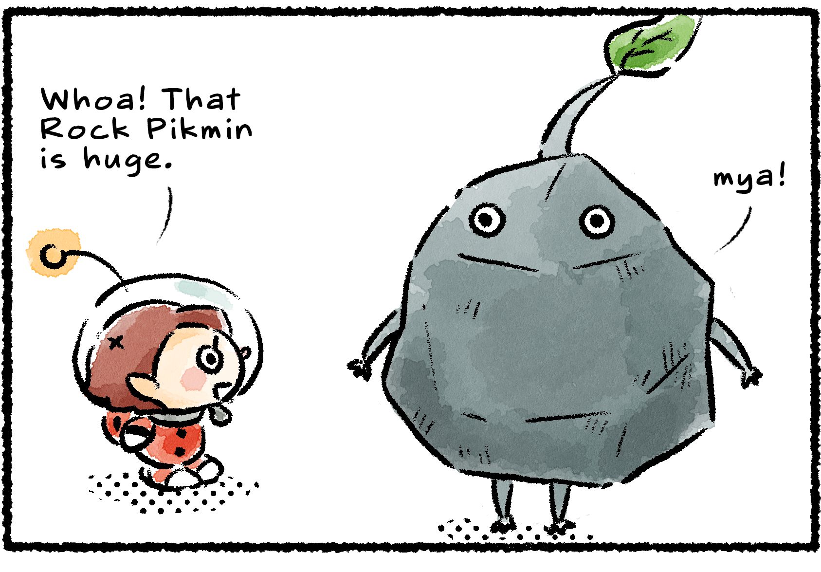 Panel one. A Rescue Officer comes upon a Rock Pikmin that's bigger than she is. "Whoa!" she says. "That Rock Pikmin is huge."