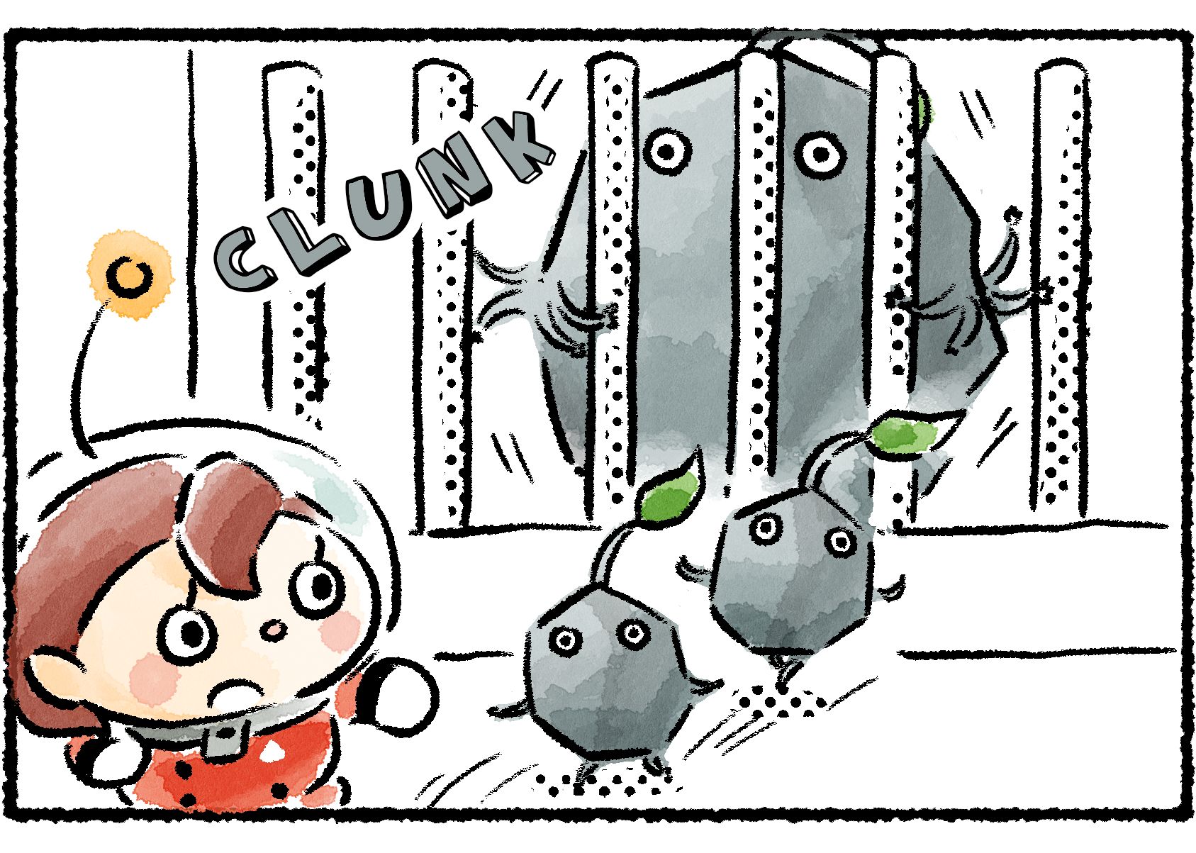 Panel two. The Rescue Officer and several normal-sized Rock Pikmin pass through a gate. The big Rock Pikmin can't fit through the bars.