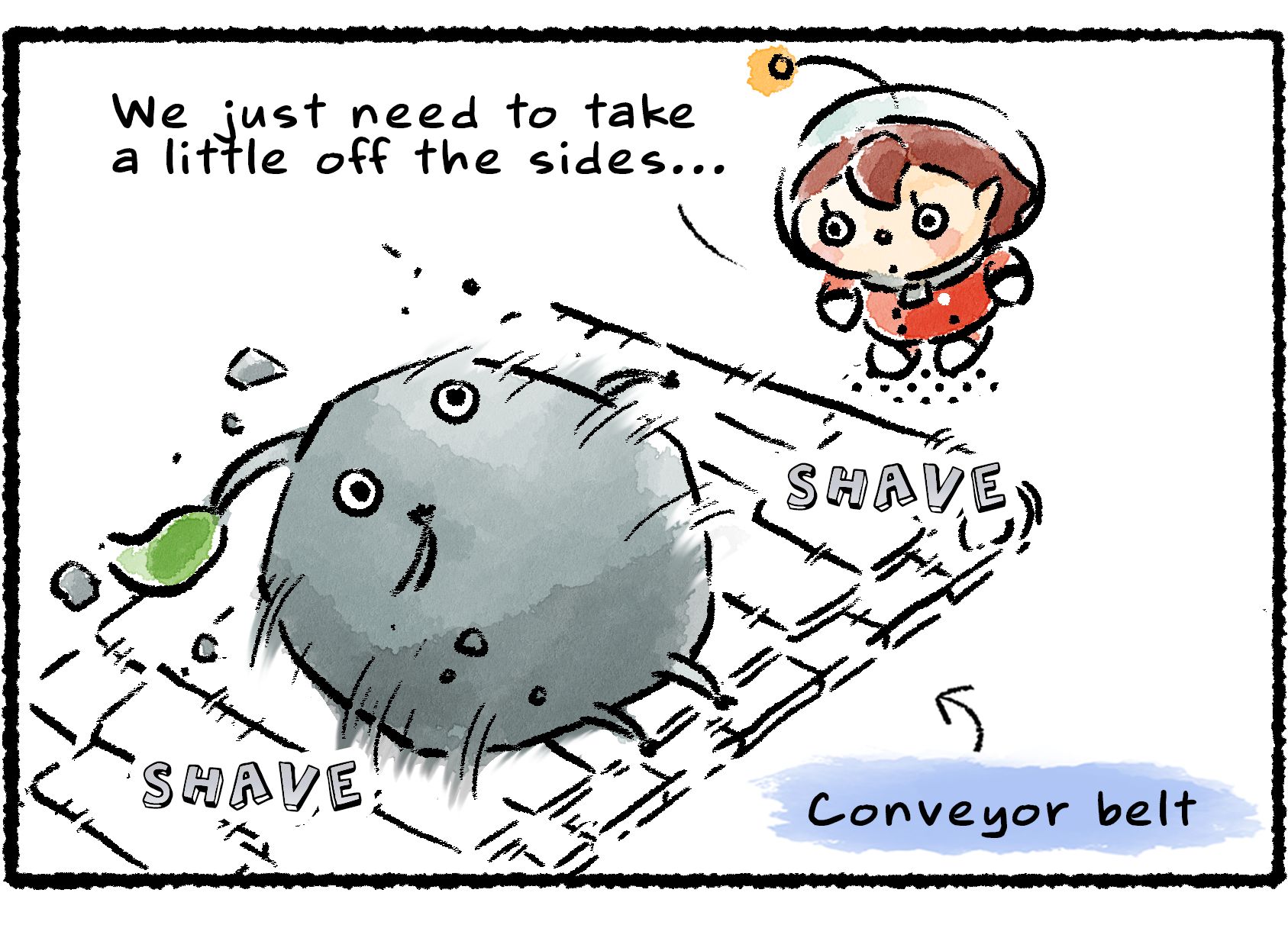 Panel three. The big Rock Pikmin lies on a conveyor belt, which moves rapidly to shave away at its edges. "We just need to take a little off the sides," the Rescue Officer says.