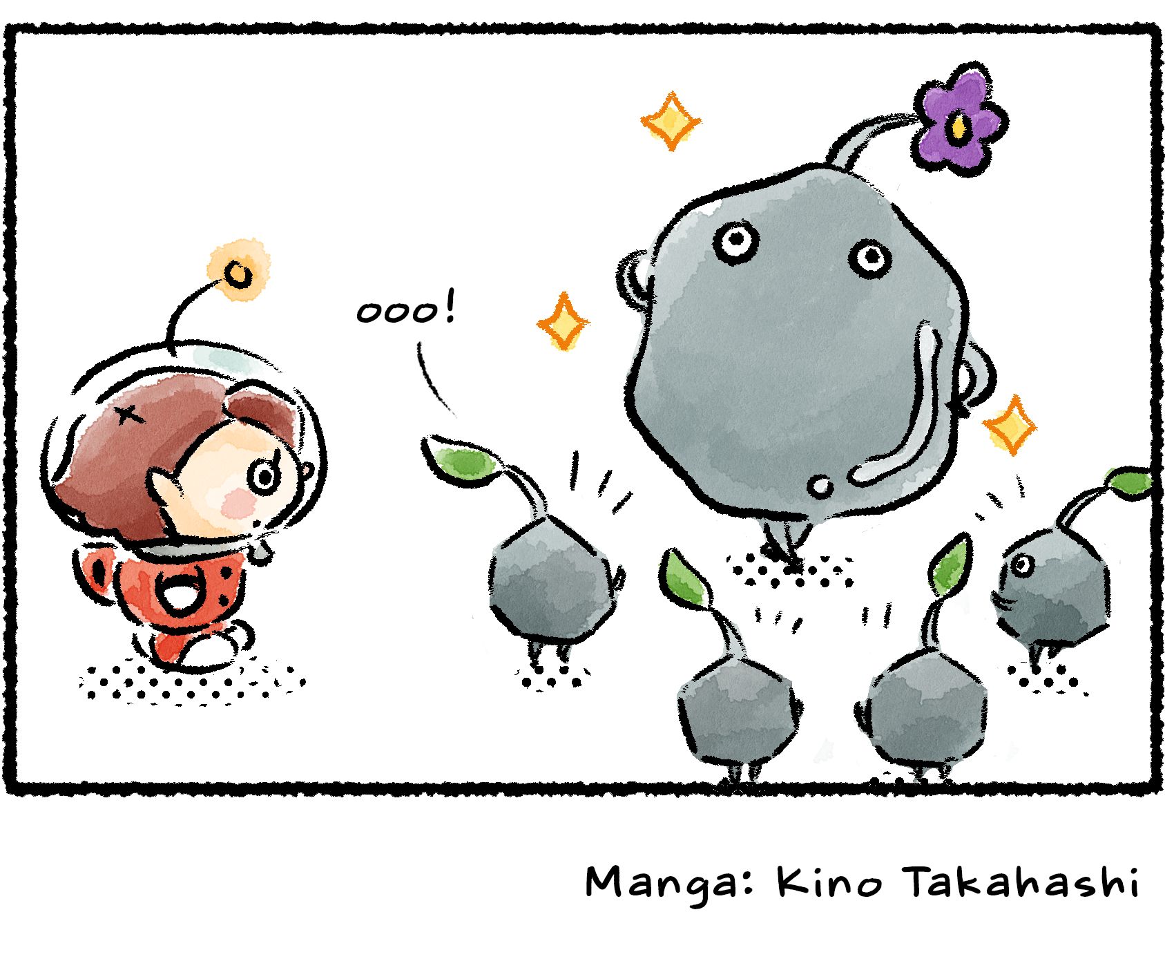Panel four. The big Rock Pikmin stands amid a circle of smaller Rock-Pikmin admirers. It's bloomed a flower atop its head and its sides are looking smooth and shiny from being polished.