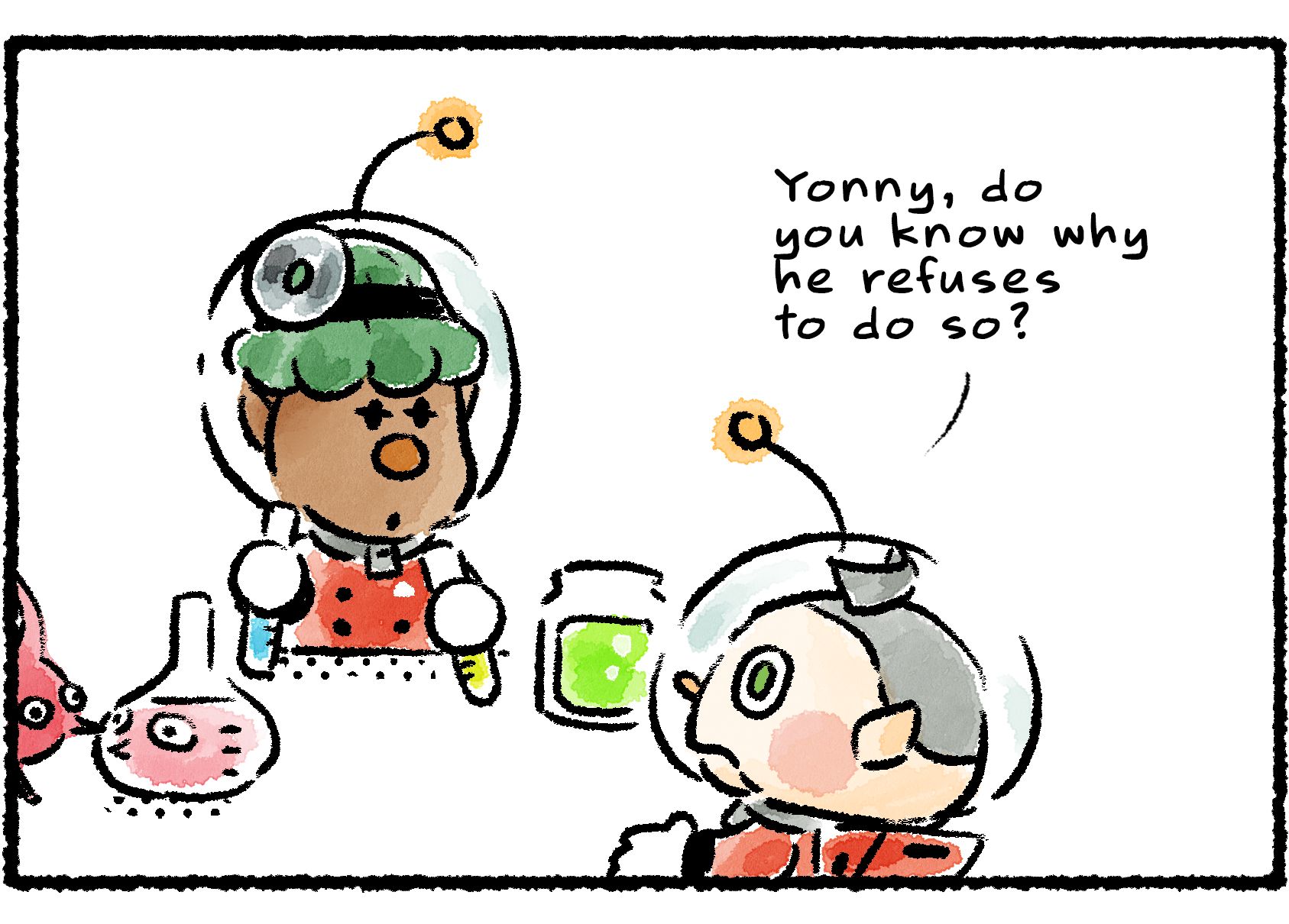 Panel two. Collin walks up to Yonny who is conducting some experiments. "Yonny," he says, "do you know why he refuses to do so?"