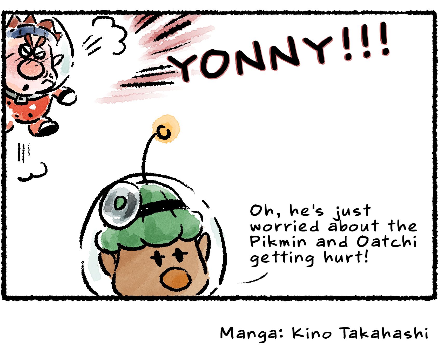 Panel four. "Oh," Yonny says, "he's just worried about the Pikmin and Oatchi getting hurt!" Dingo is furious that he's being called out like this. "YONNY!!!"