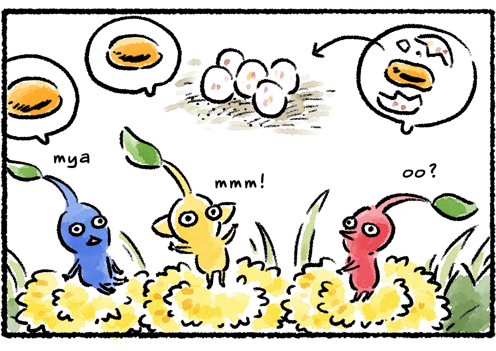 Panel two. Mistaking the Burrowing Snagret eggs for nectar eggs, three Pikmin look at the nest and begin excitedly talking about nectar.
