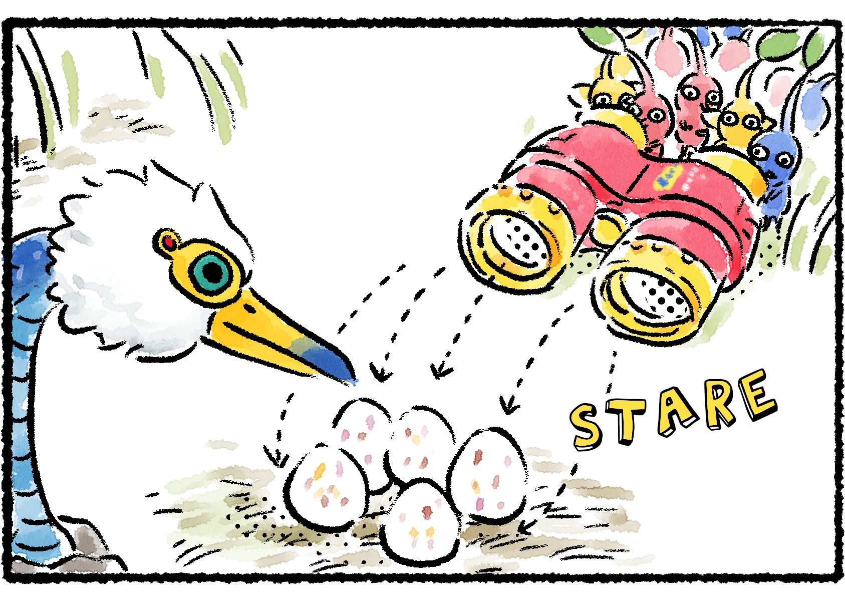 Panel three. A large group of Pikmin assembles around a huge pair of binoculars, staring at the eggs from a distance. The Burrowing Snagret stares back at the Pikmin from afar.