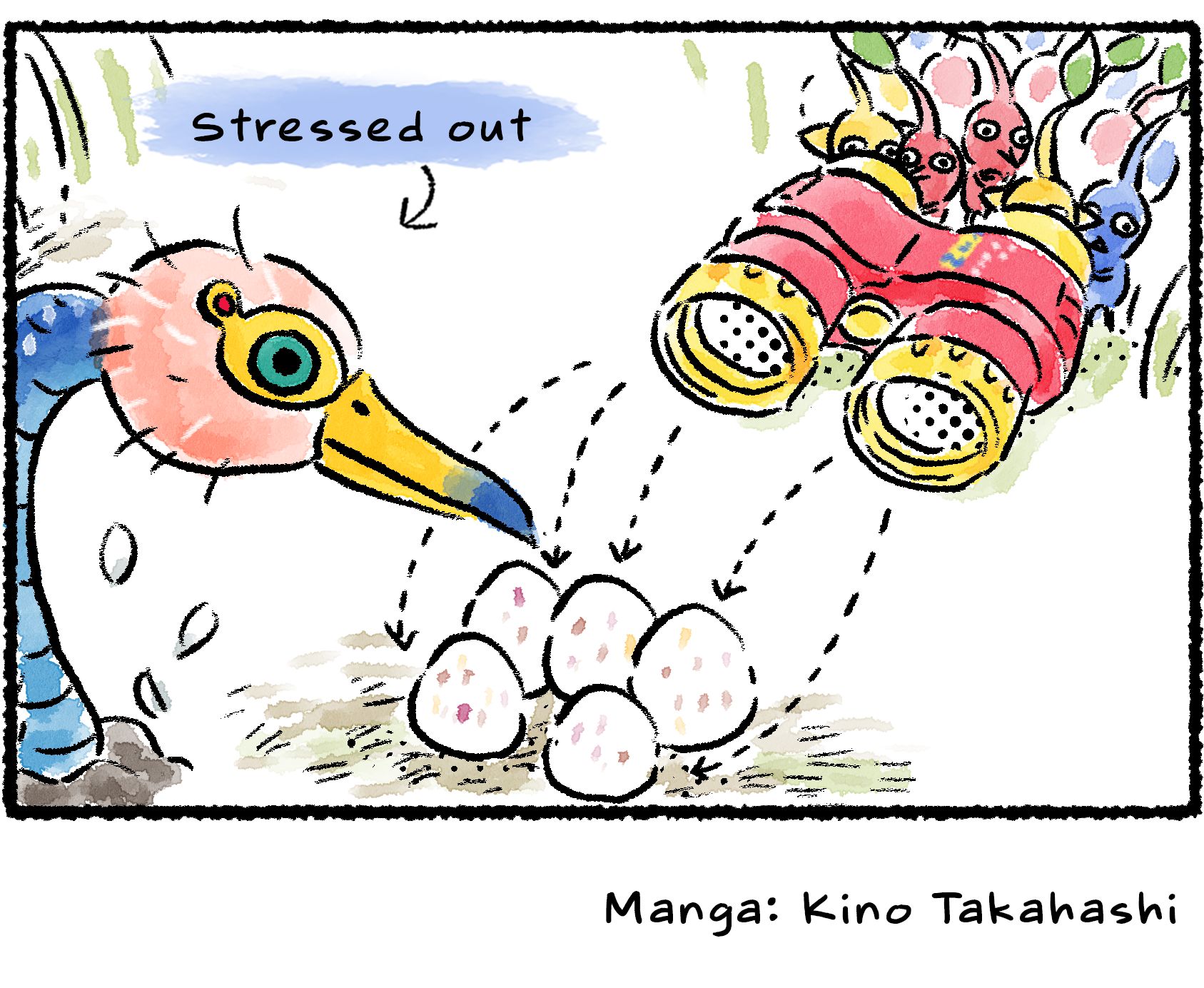 Panel four. As the Pikmin stare through the binoculars, the Burrowing Snagret's feathers fall out, leaving it bald. Descriptive text pointing to it reads: "Stressed out". 