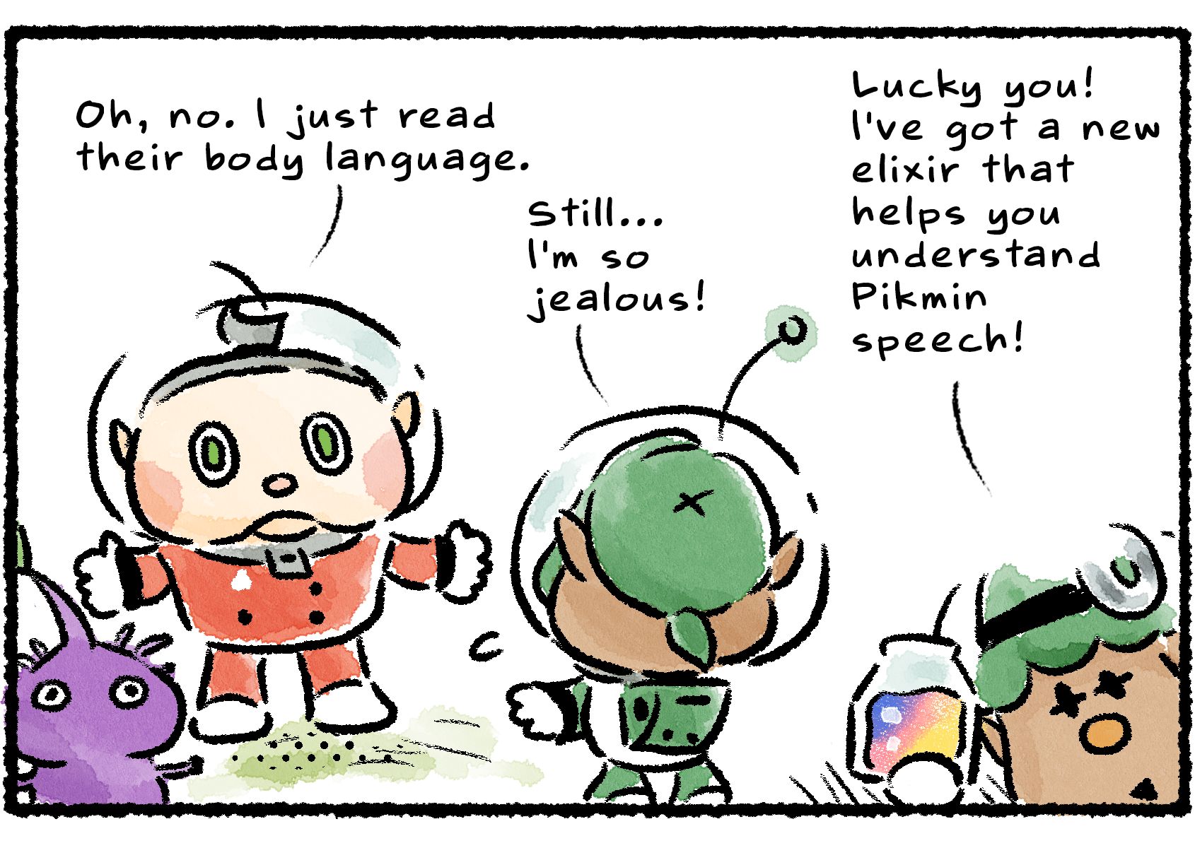 Panel two. "Oh, no," Collin says. "I just read their body language." François says, "Still... I'm so jealous!" Yonny approaches the pair with a beaker of colorful liquid. "Lucky you! I've got a new elixir that helps you understand Pikmin speech!"