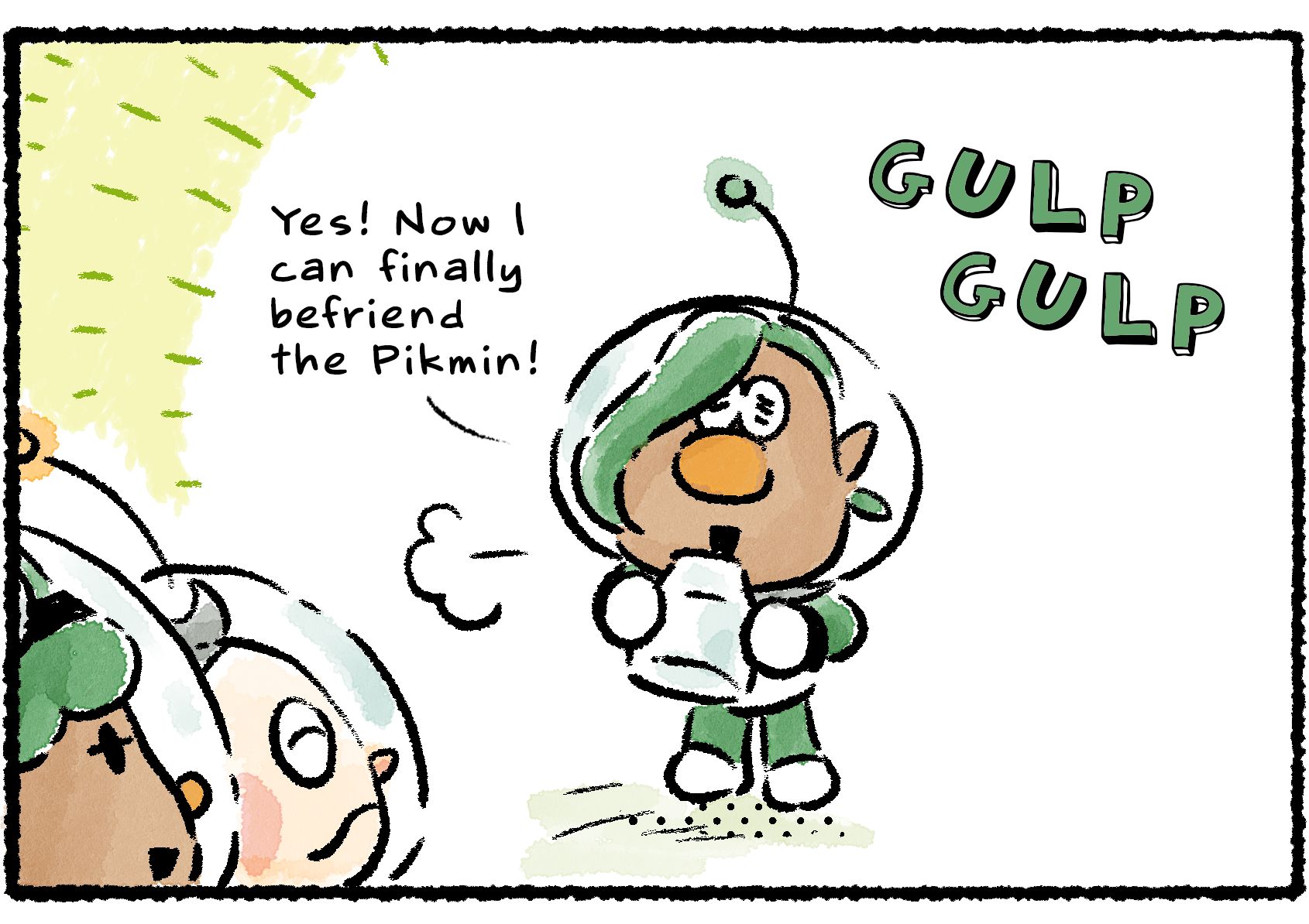 Panel three. François is overjoyed. "Yes!" he says, gulping down the beaker's contents immediately. "Now I can finally befriend the Pikmin!"