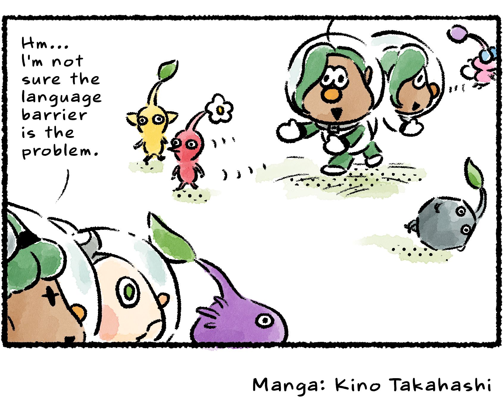 Panel four. François is running after several Pikmin with his arms outstretched. The Pikmin scatter in different directions to get away from him. Yonny says, "Hm... I'm not sure the language barrier is the problem."