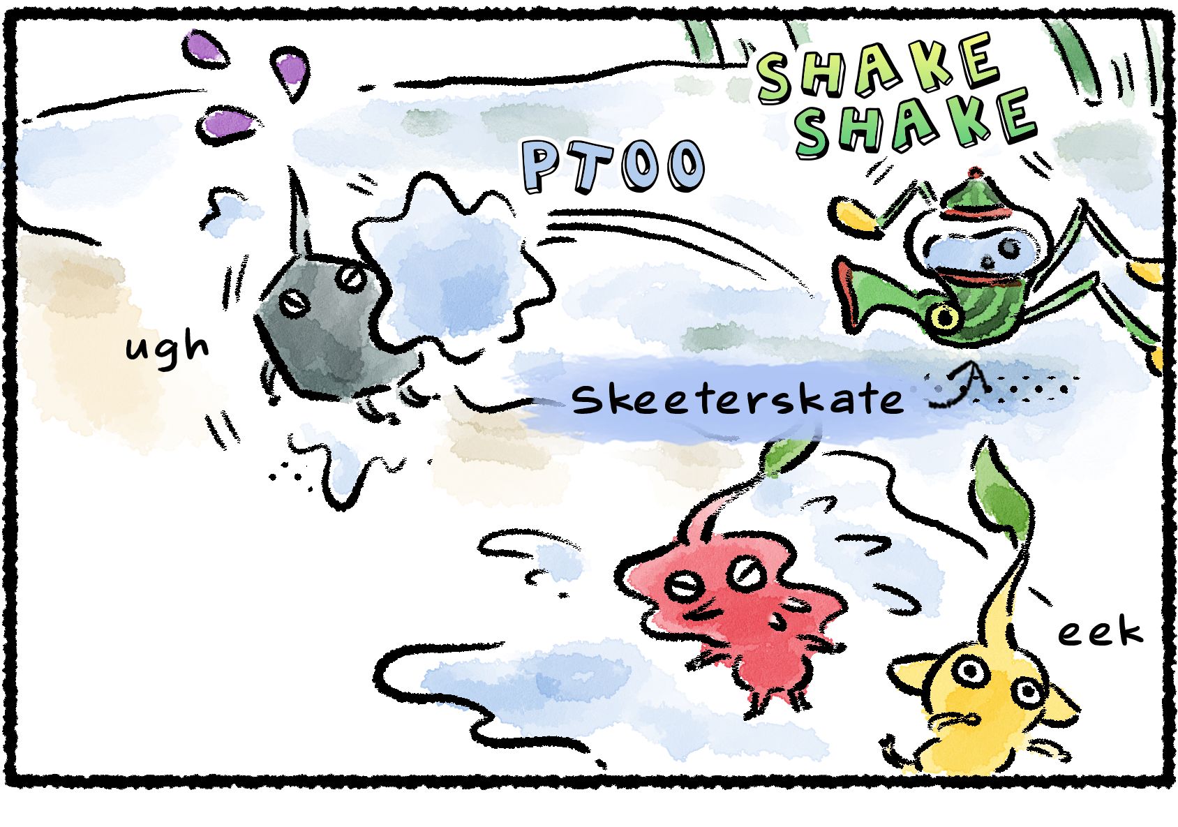 Panel one. A Skeeterskate attacks several Pikmin by spitting water at them.
