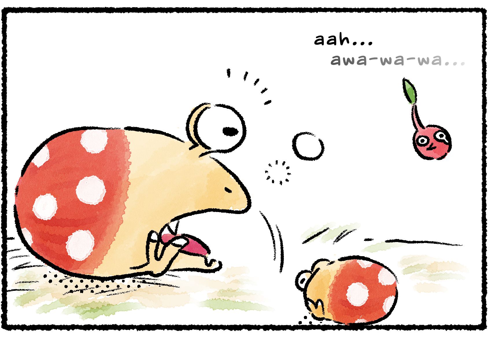Panel two. A Bulborb wakes as it hears the cries of Pikmin in the distance.