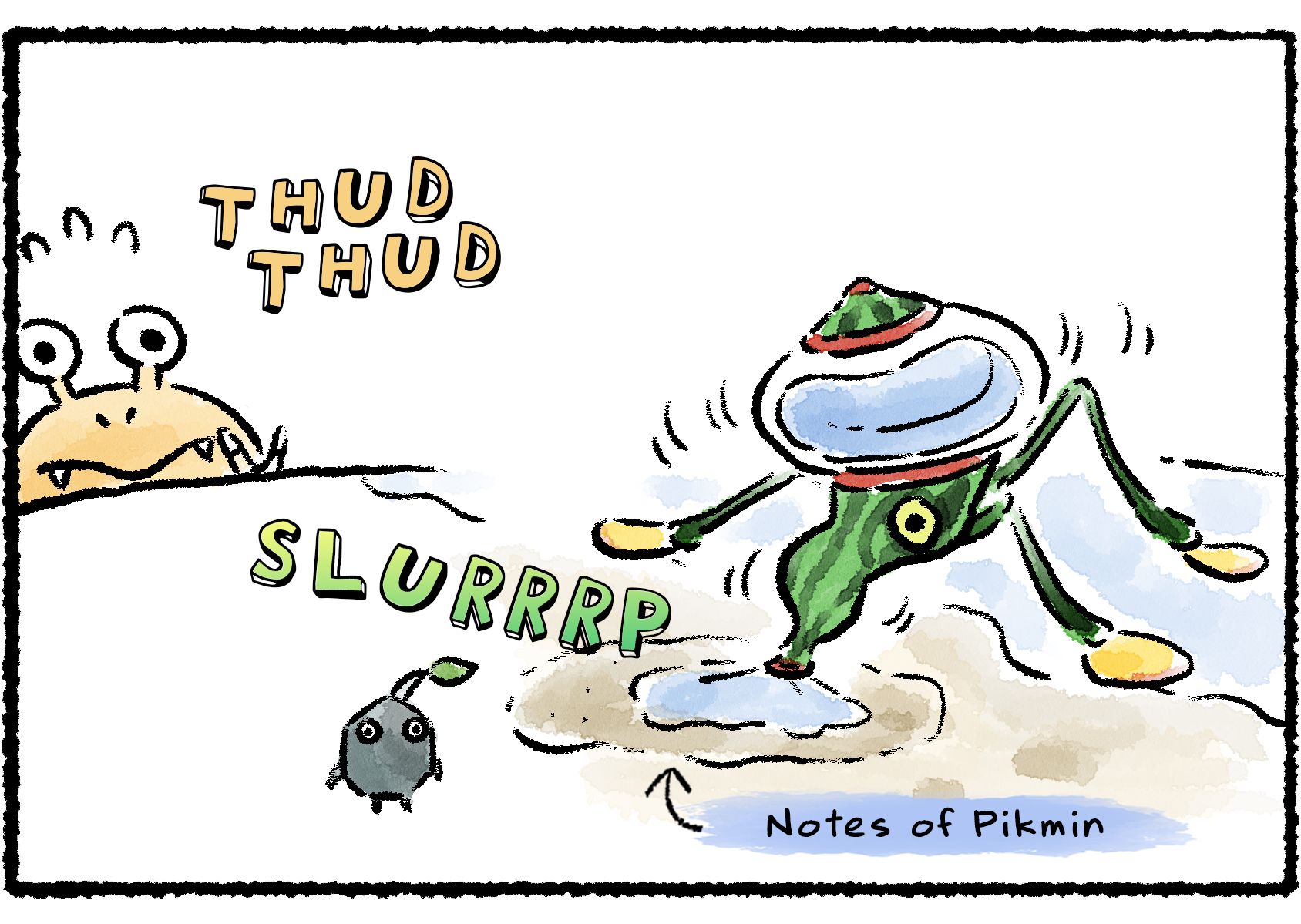 Panel three. As the Bulborb approaches, the Skeeterskate slurps water from a puddle left behind by the Pikmin. Descriptive text near the puddle reads, "Notes of Pikmin". 