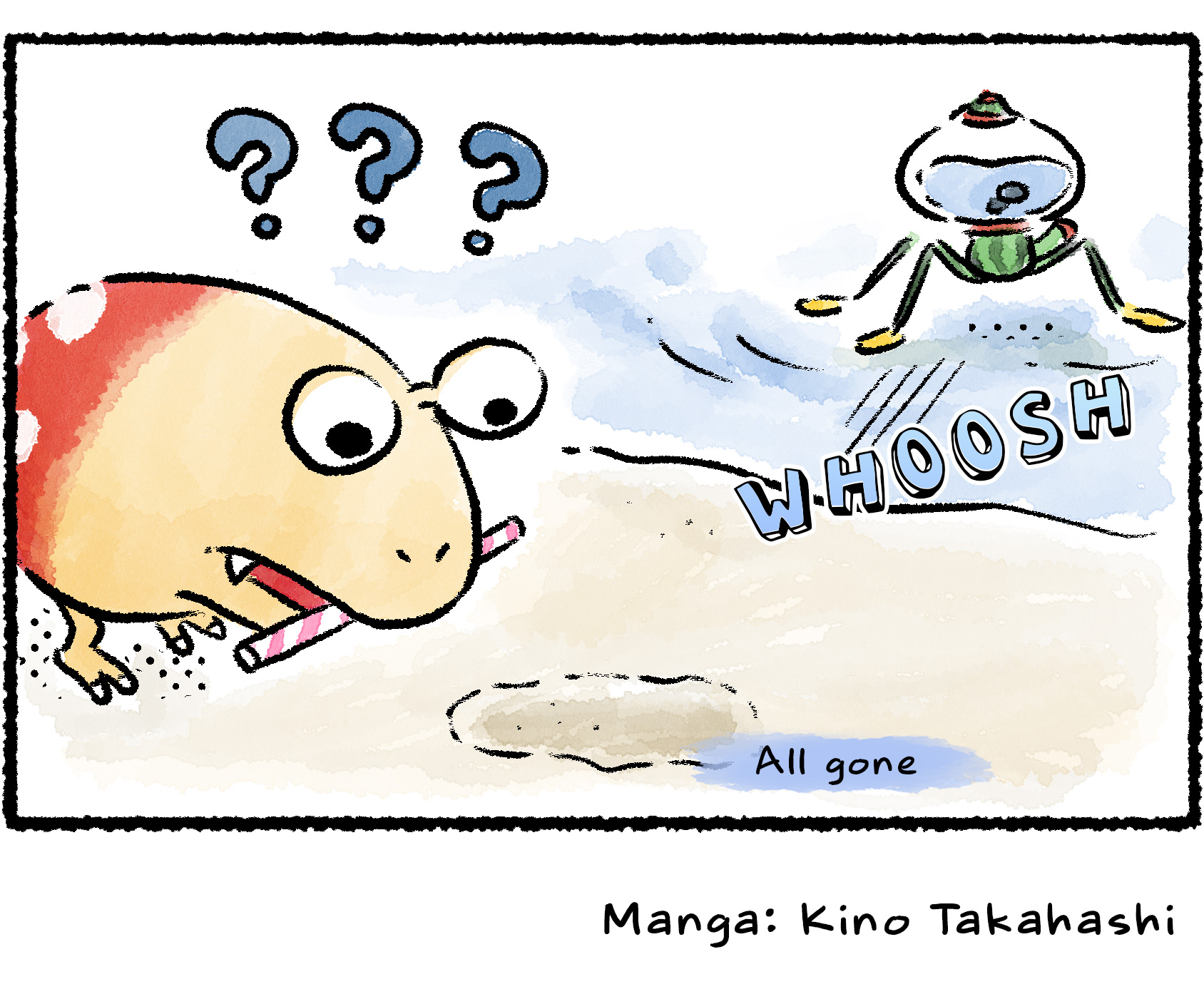 Panel four. The Bulborb approaches the spot where the puddle was, carrying a straw in its mouth. Question marks appear over its head—the Pikmin-flavored water is all gone. The Skeeterskate retreats into the distance.