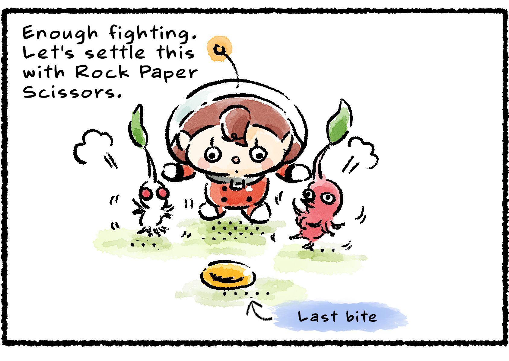 Panel one. A Red and White Pikmin are struggling over the last bit of a drop of nectar. A Rescue Officer comes by to settle the issue. "Enough fighting," she says. "Let's settle this with Rock Paper Scissors."