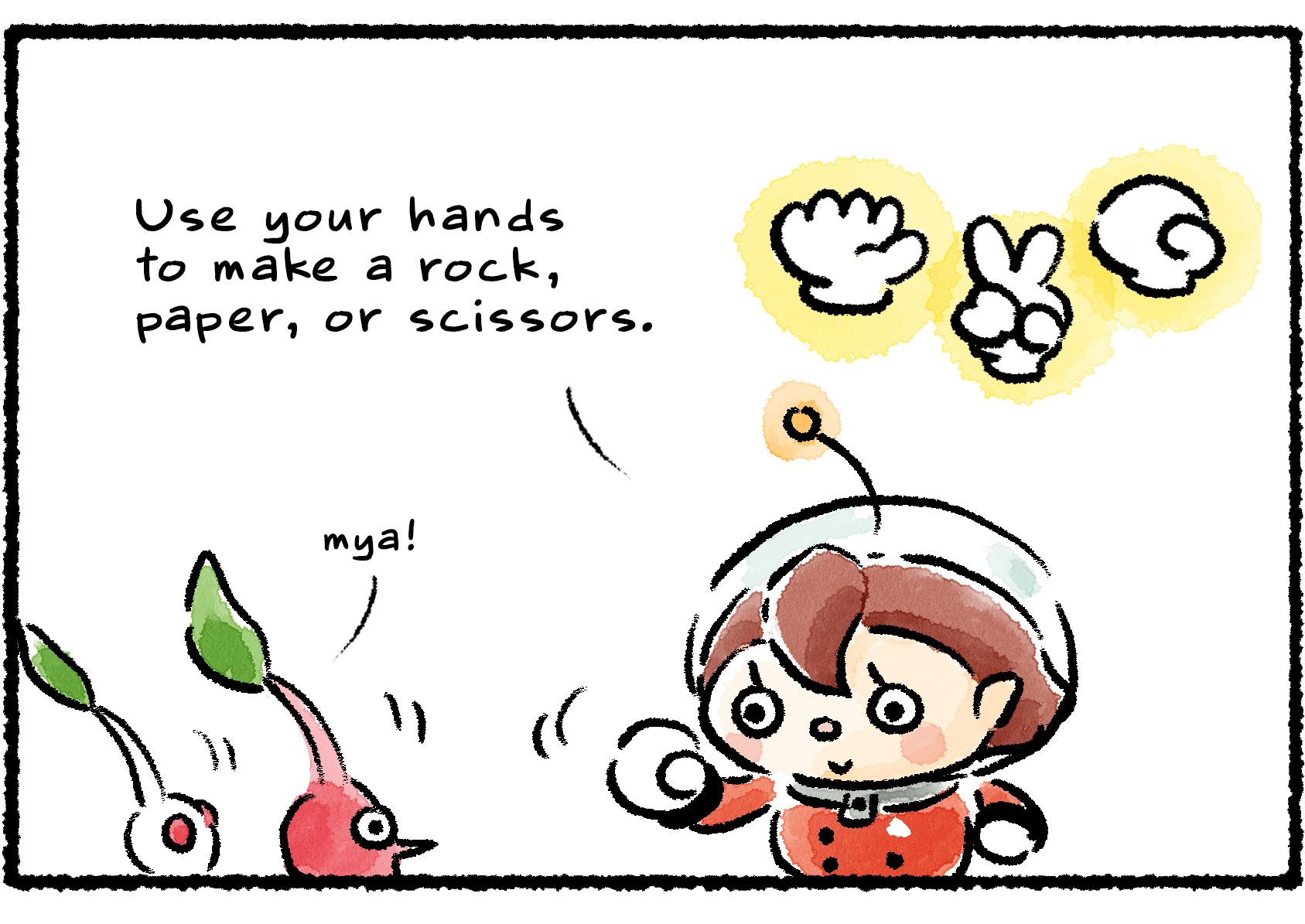 Panel two. The Rescue Officer explains to the two Pikmin how the game works. "Use your hands to make a rock, paper, or scissors," she says, demonstrating what each of them looks like.