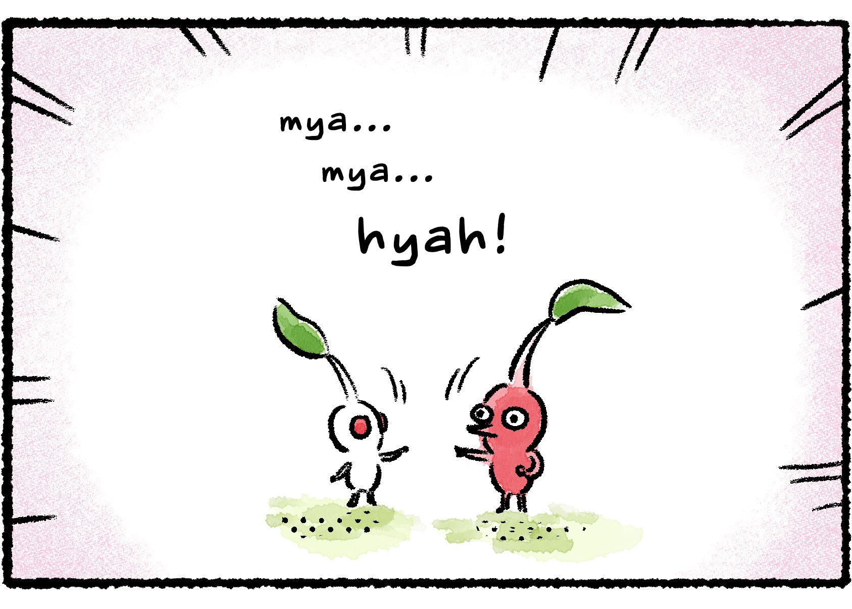 Panel three. The Red and White Pikmin square off in Rock Paper Scissors.