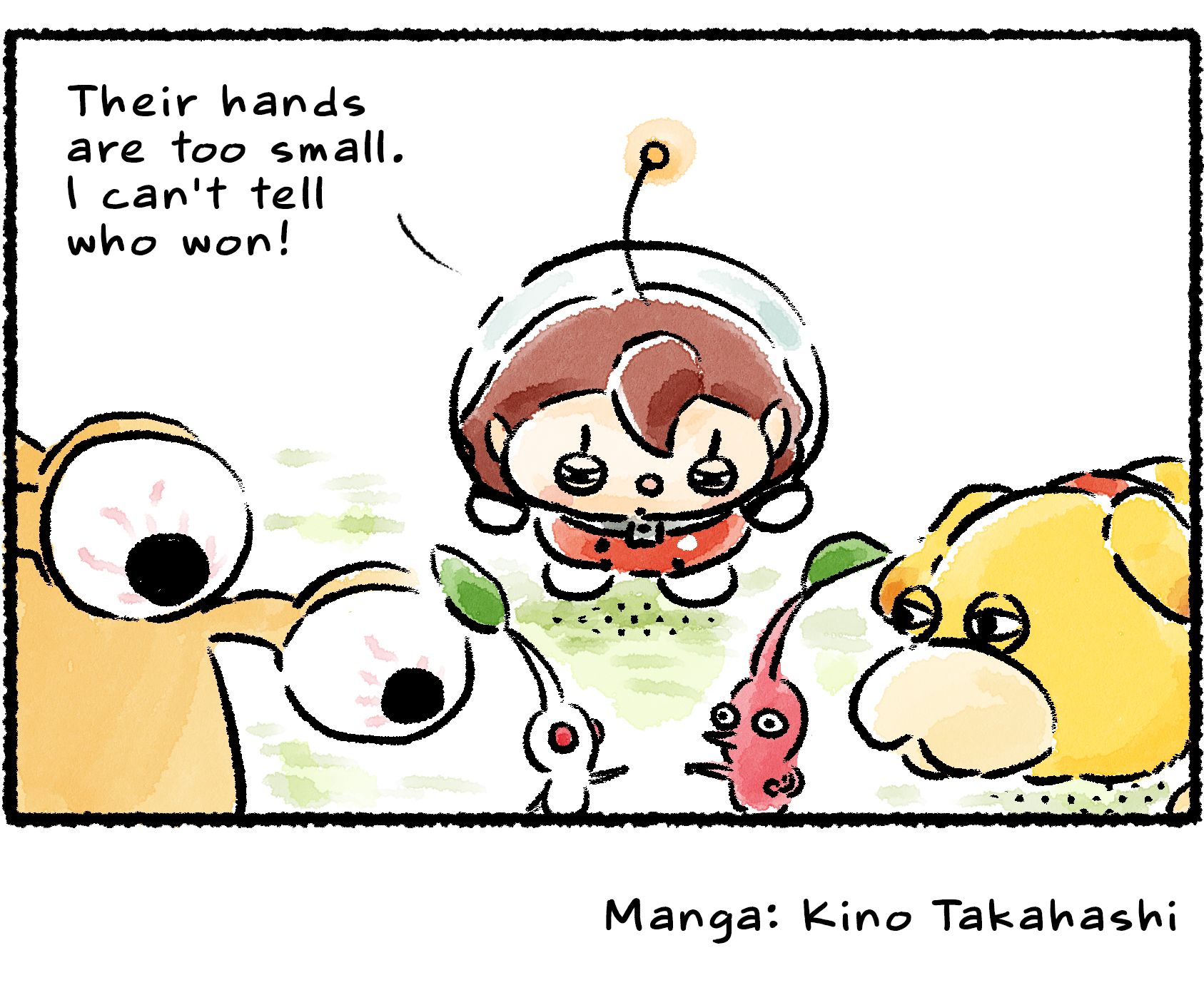 Panel four. The Rescue Officer, Oatchi, and a nearby Bulborb all lean in and stare at the two Pikmin. "Their hands are too small," the Rescue Officer says. "I can't tell who won!"