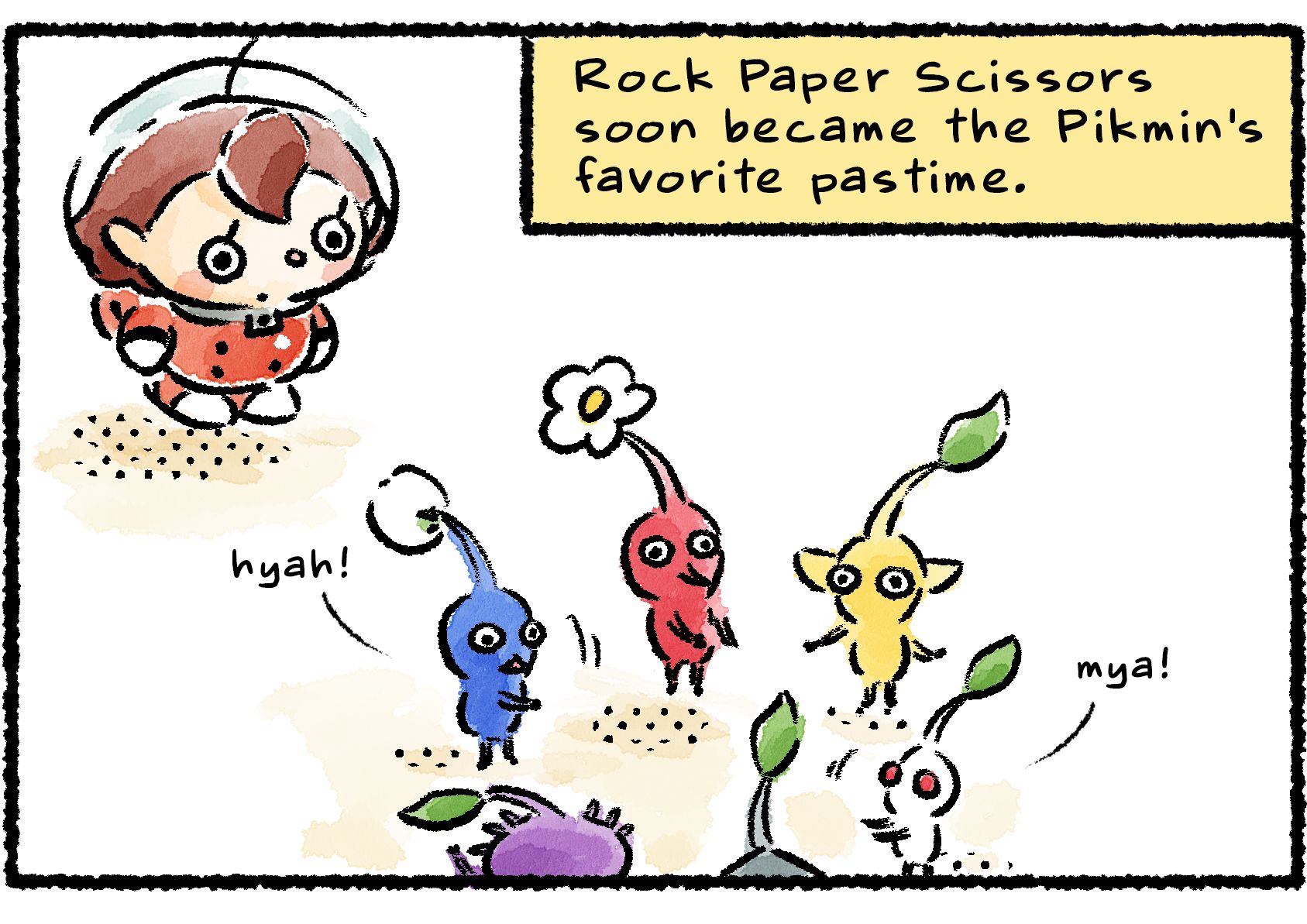 Panel one. A Rescue Officer comes upon a group of various Pikmin gathered in a circle. Descriptive text explains: "Rock Paper Scissors soon became the Pikmin's favorite pastime."