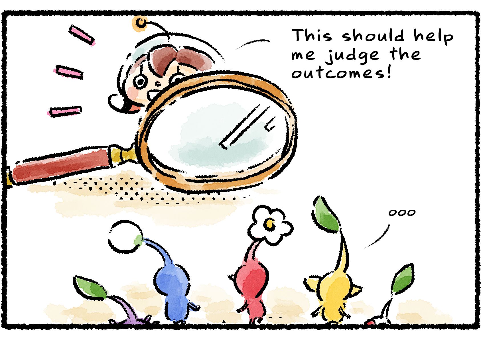 Panel two. The Rescue Officer approaches the Pikmin while hauling a huge magnifying glass. "This should help me judge the outcomes!" she says.