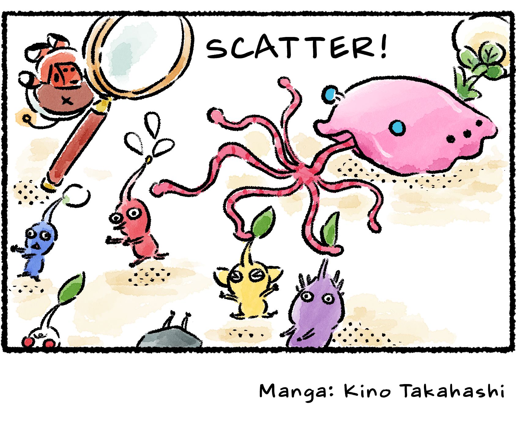 Panel four. While the Rescue Officer is distracted, the group is ambushed by a Toady Bloyster. The Rescue Officer is knocked down, and the Pikmin scramble to scatter as the Toady Bloyster's tongue snaps out to grasp at them.