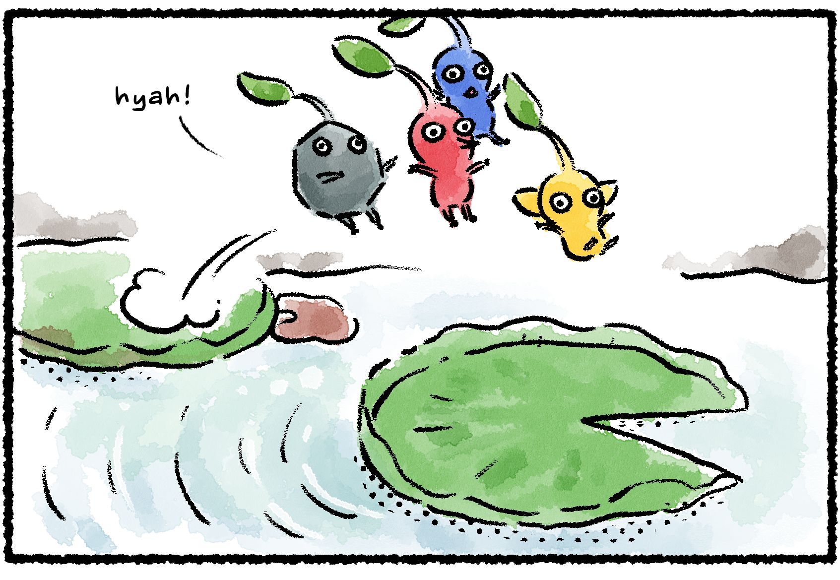 Panel one. A group of Pikmin jumps onto a circular lily pad with a wedge-shaped slice missing.