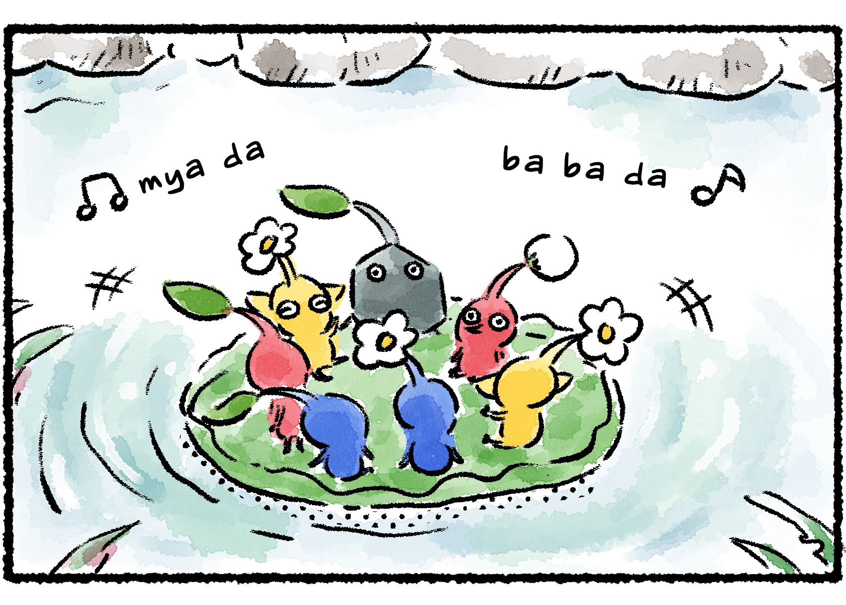Panel two. The Pikmin sit in a crowded circle on the lily pad, using it as a boat. From this angle, the lily pad looks like a complete circle.