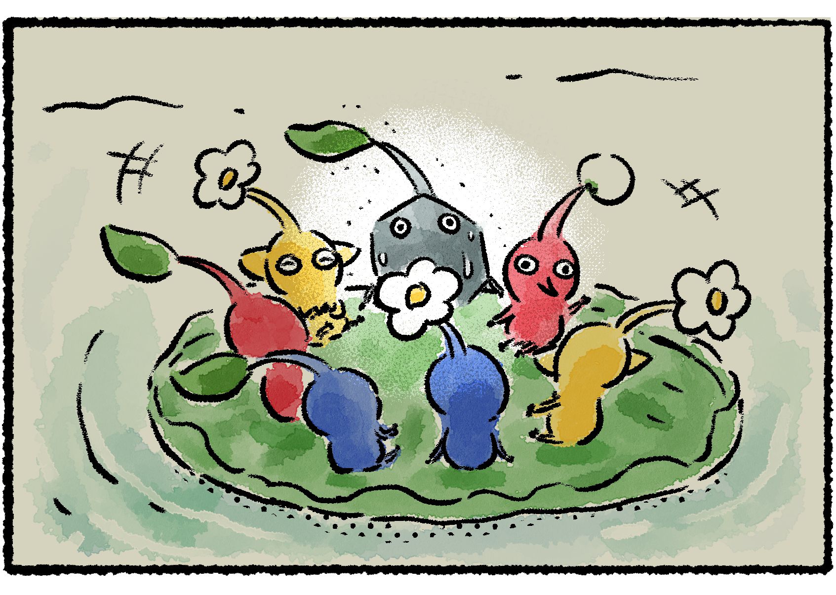 Panel three. While most of the Pikmin look relaxed and happy, the Rock Pikmin is starting to look sweaty and nervous.