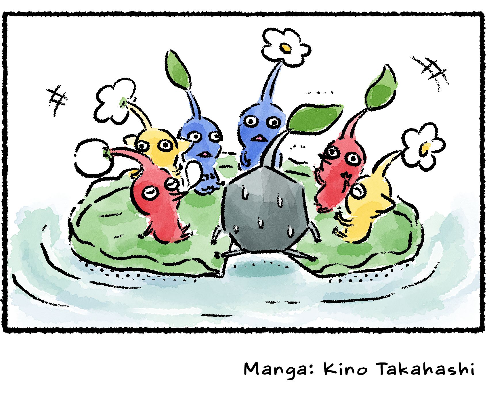 Panel four. From the opposite angle, we can see that the reason the Rock Pikmin is sweating is that it's occupying the space where the wedge-shaped slice is missing. Its legs are spread across the gap and it's barely holding itself up.