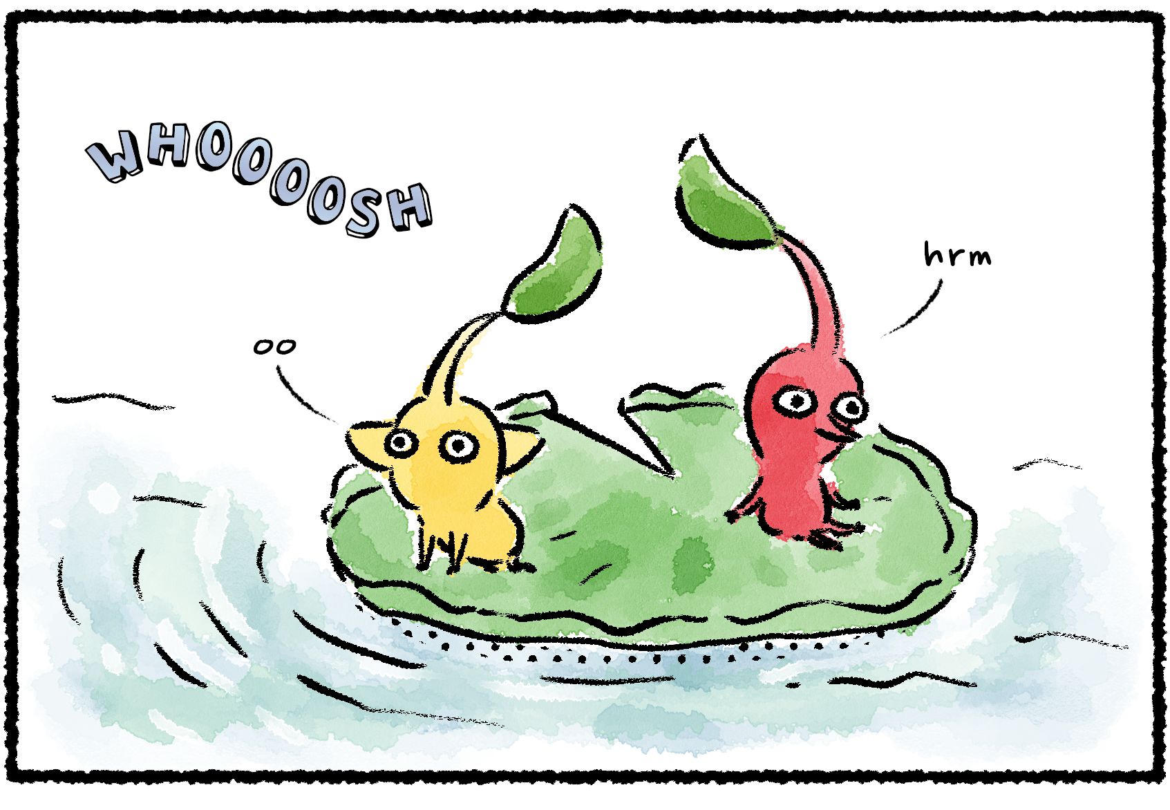 Panel one. A Red Pikmin and a Yellow Pikmin are sitting on a lily pad and singing.