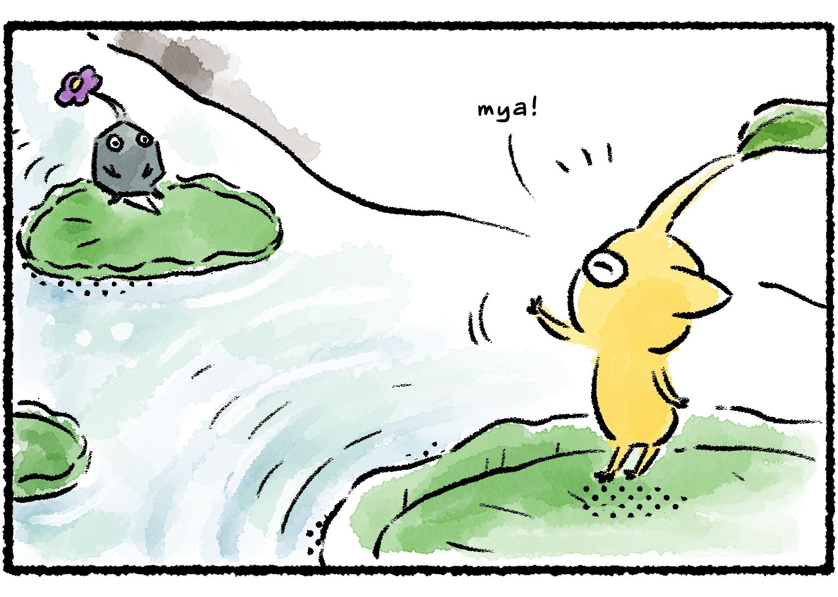 Panel two. The Yellow Pikmin waves to a Rock Pikmin that is standing on a different lily pad. It appears to be the same Rock Pikmin from the previous strip, but it's become a Flower Pikmin since then.