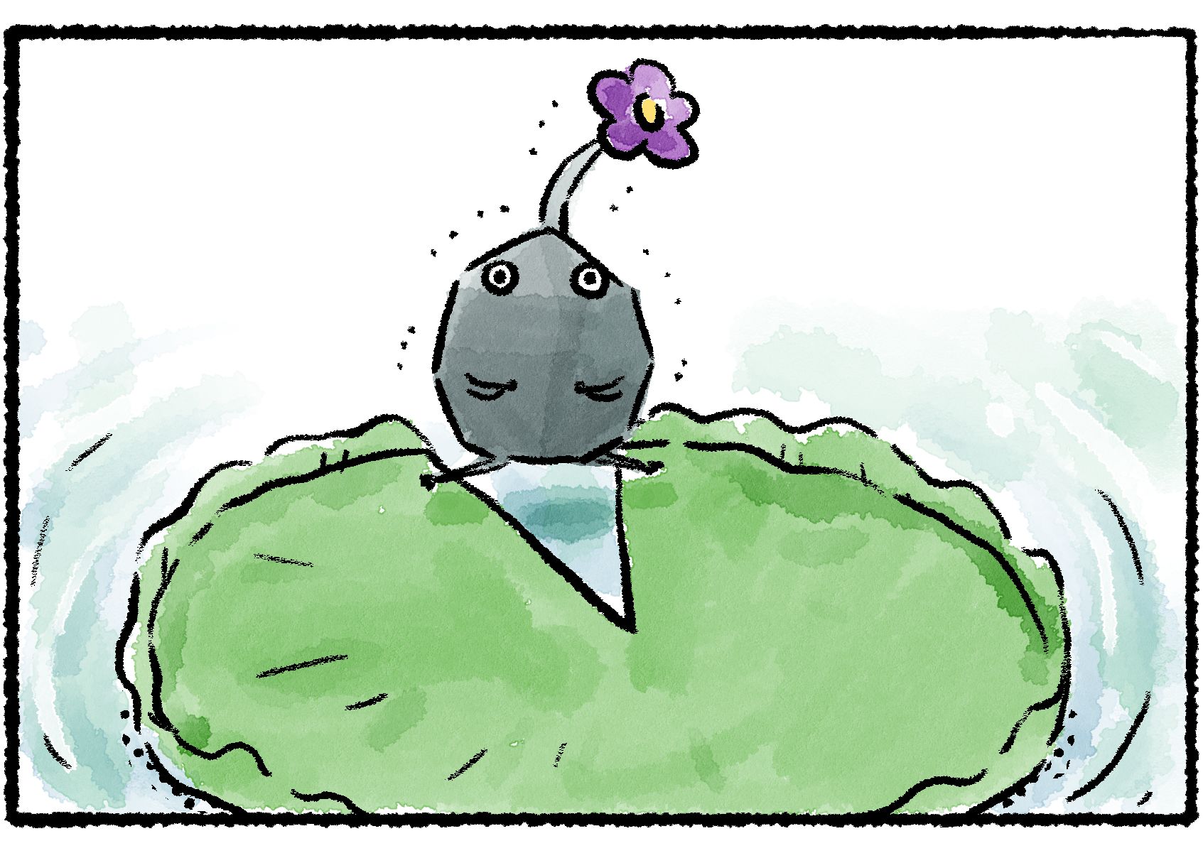 Panel three. Though the Rock Pikmin is alone, it's standing over the missing wedge in the lily pad just as it did in the previous strip. Judging by its confident flexing, this Pikmin has been practicing.
