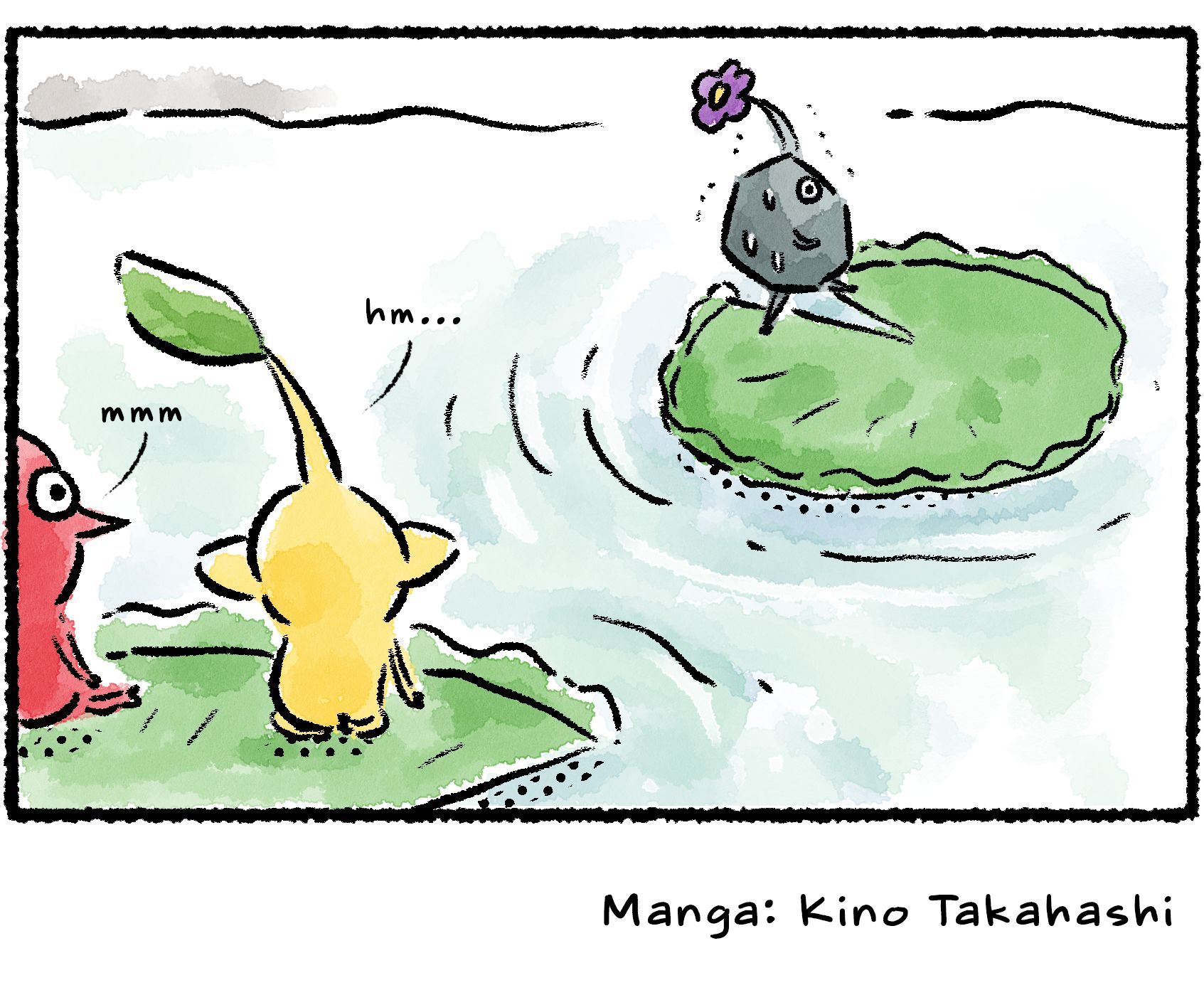 Panel four. The Red and Yellow Pikmin watch the Rock Pikmin continue to flex over the wedge gap in its lily pad. The Rock Pikmin has been at it for a while and is now starting to break a sweat.