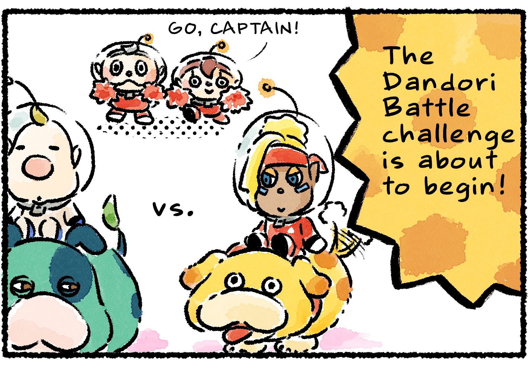 Panel one. Descriptive text reads: "The Dandroi Battle challenge is about to begin!" Two competitiors are mounted up and ready: Louie on Moss, and Shepherd on Oatchi. Collin and a Rescue Officer shake pom-poms and cheer: "GO, CAPTAIN!"