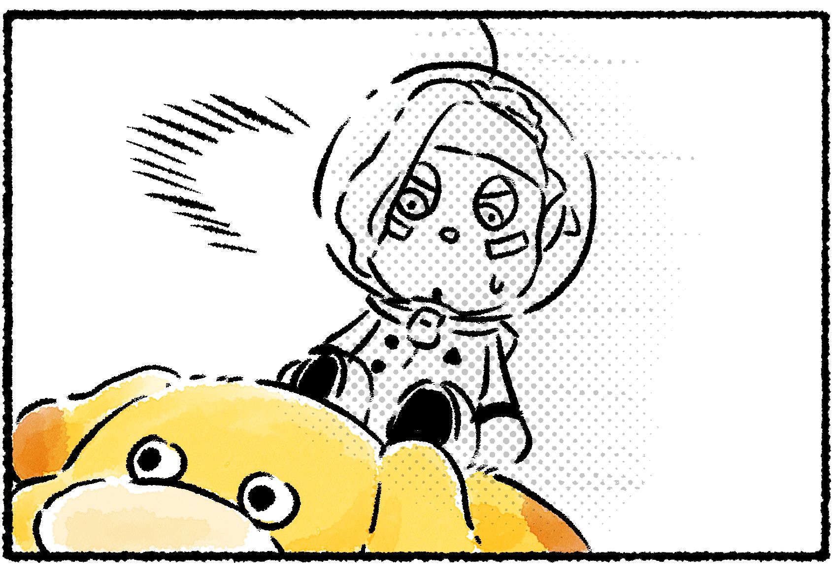 Panel two. Shepherd sits atop Oatchi, staring down at the pup. While Oatchi is rendered in color, Shepherd is in black and white, suggesting she's entering into a dazed state.