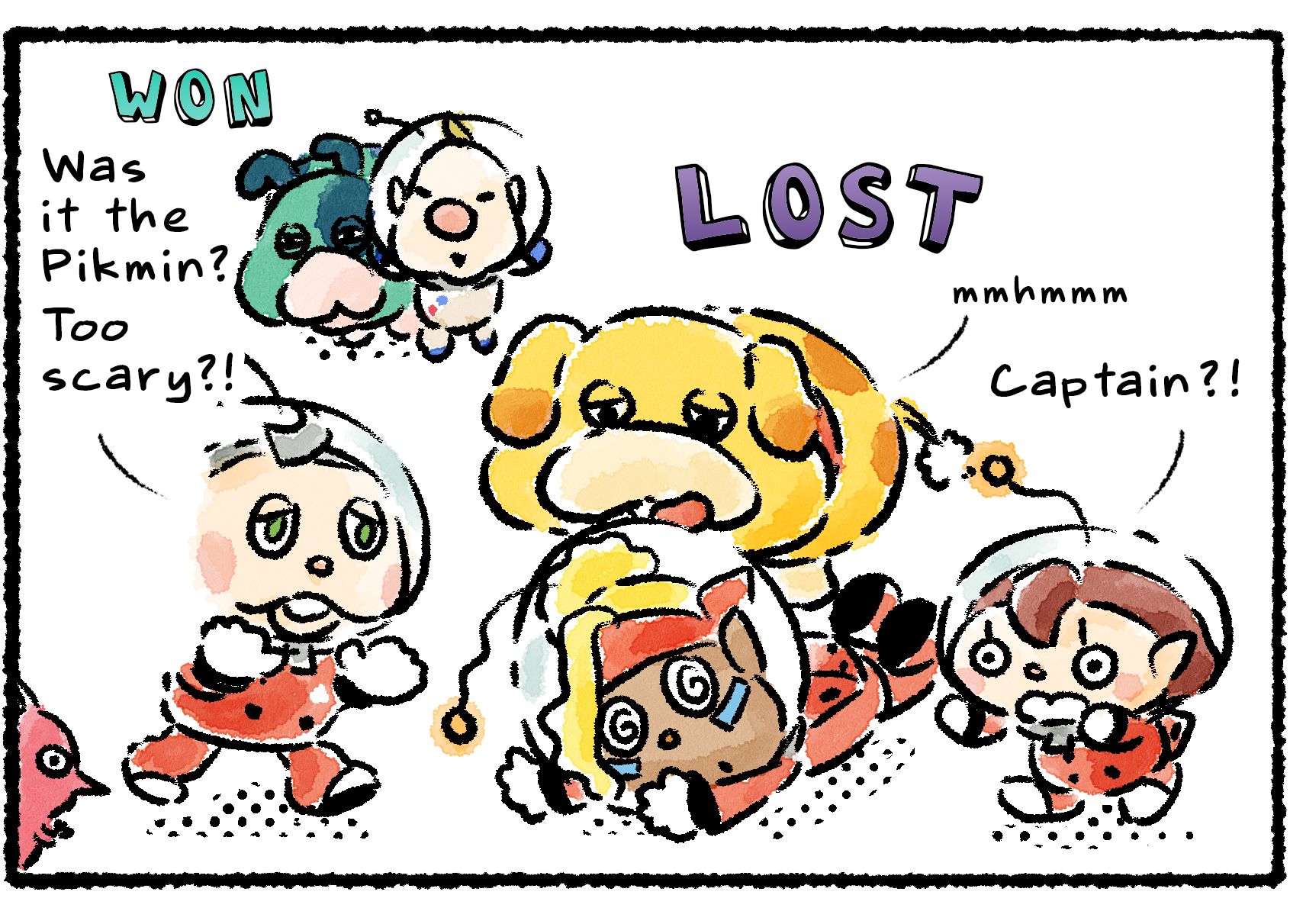 Panel three. While Louie and Moss stand victorious, Collin and the Rescue Officer rush over to a collapsed Shepherd and defeated Oatchi. "Captain?!" the Rescue Officer says. "Was it the Pikmin?" Collin says. "Too scary?!"