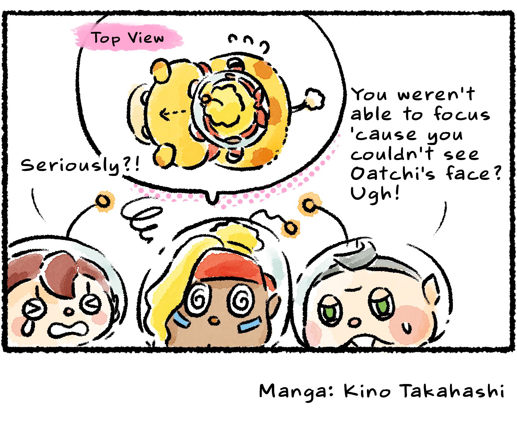 Panel four. A speech bubble above Shepherd shows a top-down view of her sitting on Oatchi. The Rescue Officer says, "Seriously?!" Collin says, "You weren't able to focus 'cause you couldn't see Oatchi's face? Ugh!"