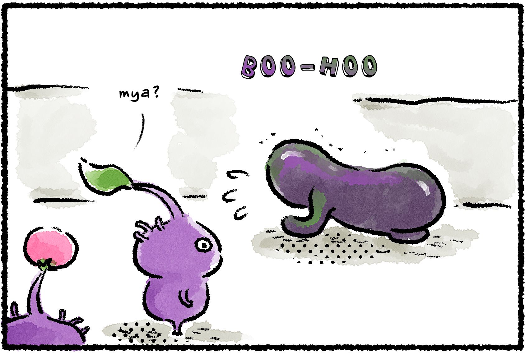 Panel one. A pair of Purple Pikmin come across a purple Waterwraith that is crying.