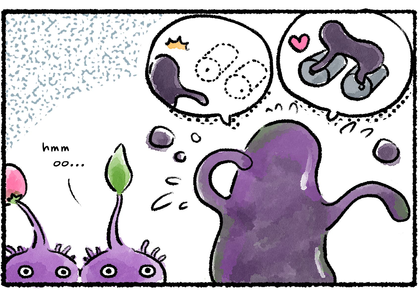 Panel two. The two Purple Pikmin listen as the Waterwraith tearfully explains that its stone rollers are missing.
