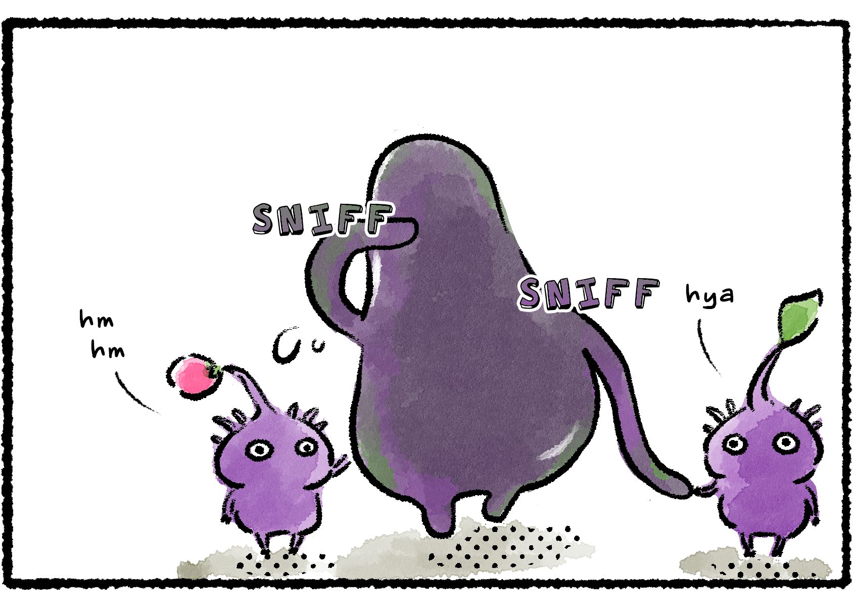Panel three. The Purple Pikmin console the Waterwraith. One of them holds hands with it.