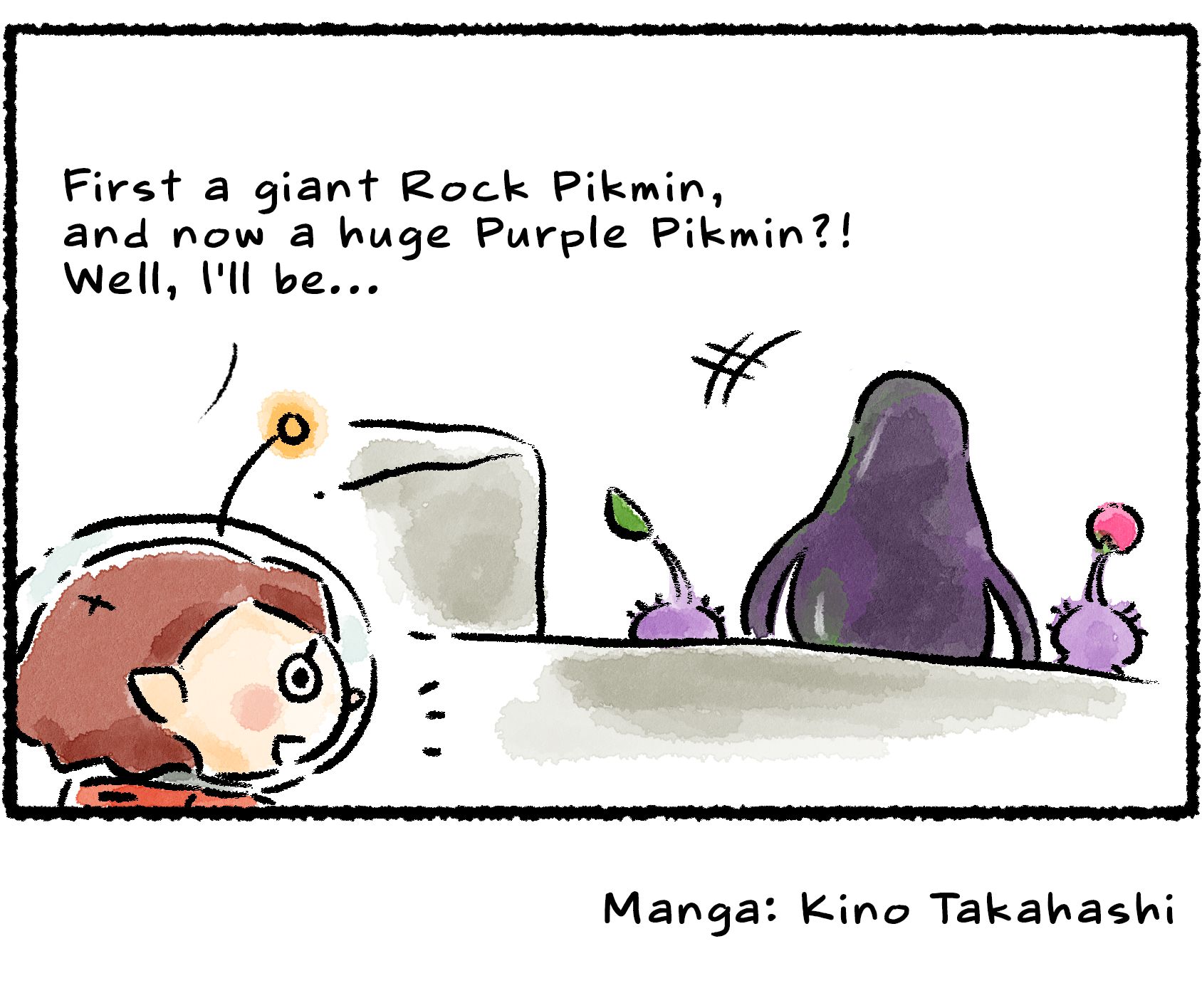 Panel four. A Rescue Officer sees the Waterwraith walking hand in hand with the two Purple Pikmin. "First a giant Rock Pikmin," she says, "and now a huge Purple Pikmin?! Well, I'll be..."